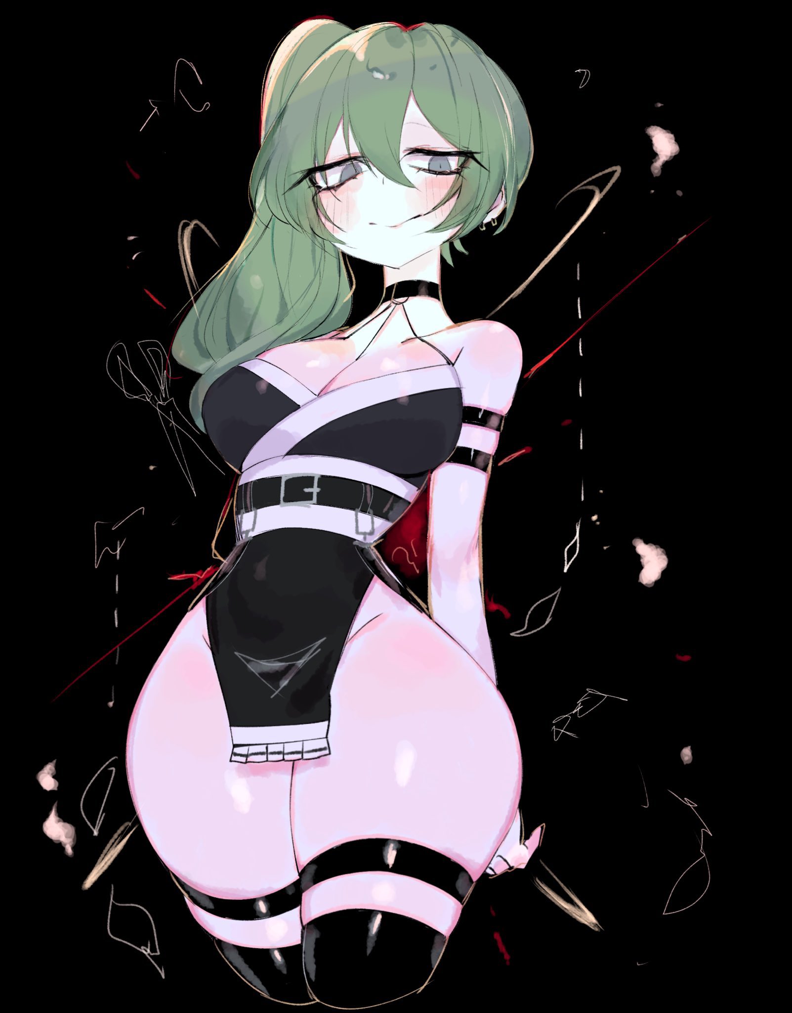 usa37107692, ubel (sousou no frieren), sousou no frieren, highres, 1girl, alternate costume, arm behind back, arm strap, bare shoulders, belt, black background, black choker, black thighhighs, blush, breasts, choker, cleavage, closed mouth, collar, dress, ear piercing, earrings, green hair, grey eyes, hair between eyes, highleg, highleg dress, jewelry, large breasts, long hair, looking at viewer, narrowed eyes, pelvic curtain, piercing, side ponytail, simple background, smile, solo, standing, thick thighs, thighhighs, thighs