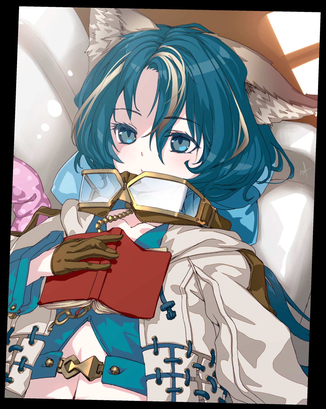 ntny, commentary, english commentary, highres, second-party source, 1girl, animal ears, black border, blue eyes, blue hair, book, border, brown gloves, colored eyelashes, couch, gloves, goggles, goggles around neck, guest art, kemono teatime, long hair, lying, multicolored hair, on back, on couch, quiche (kemono teatime), solo, streaked hair, wolf ears, wolf girl