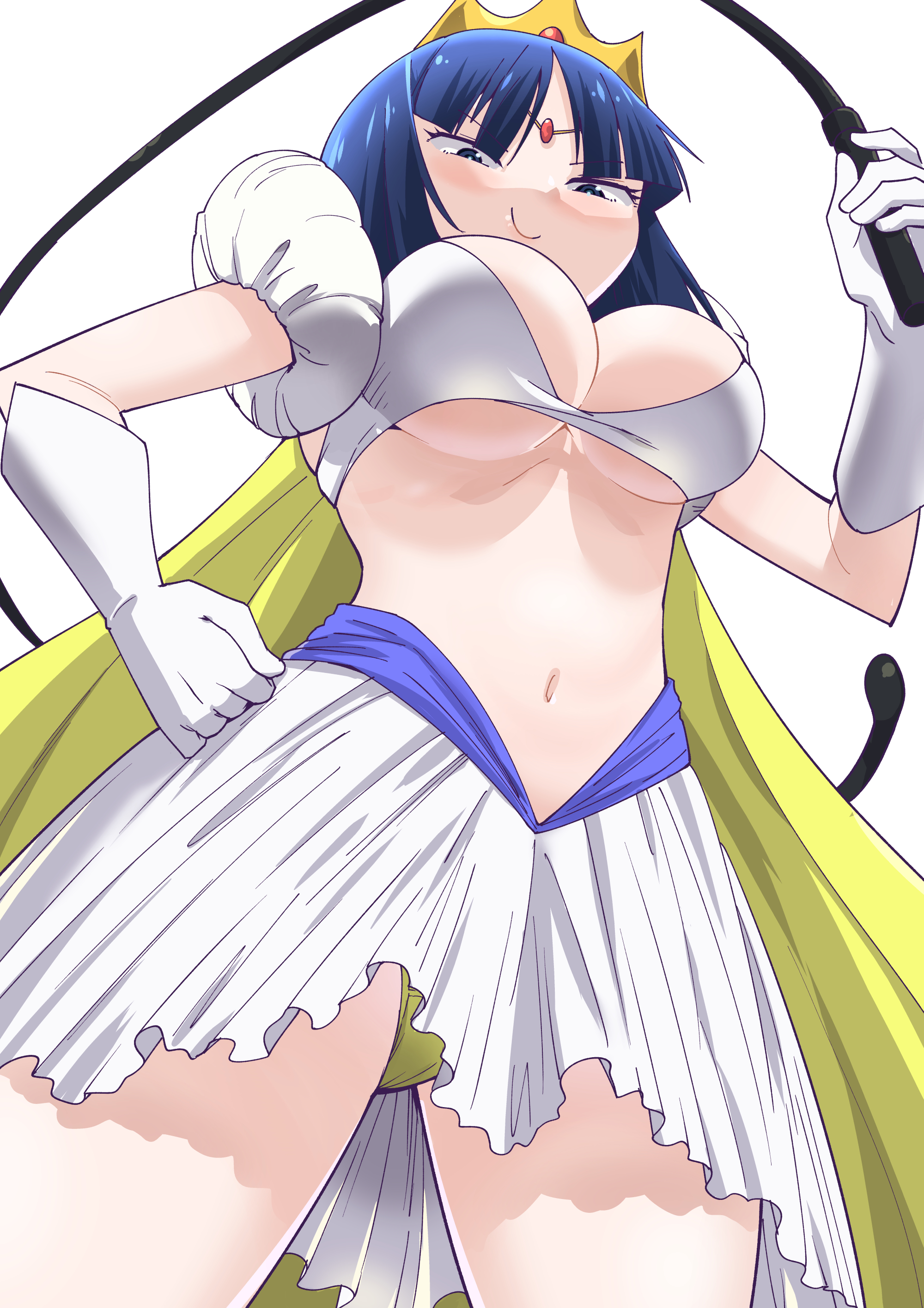 toku sonchou, absurdres, character request, highres, 1girl, breasts, cape, cleavage, closed mouth, crown, gloves, holding, holding whip, large breasts, looking at viewer, navel, panties, short hair, simple background, skirt, smile, solo, underwear, white background, white gloves, yellow cape, yellow panties
