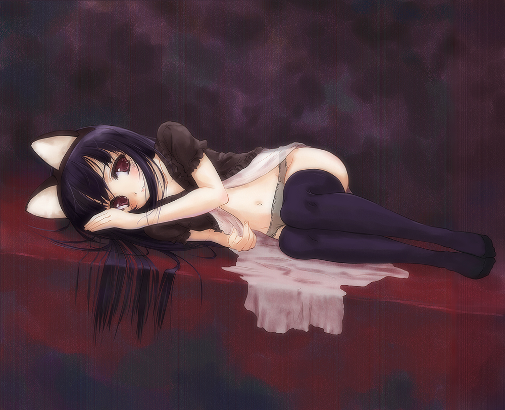 hazuki (tsukuyomi), tsukuyomi moonphase, 00s, animal ears, blush, cat ears, flat chest, loli, long hair, midriff, open clothes, open shirt, panties, shirt, thighhighs, underwear