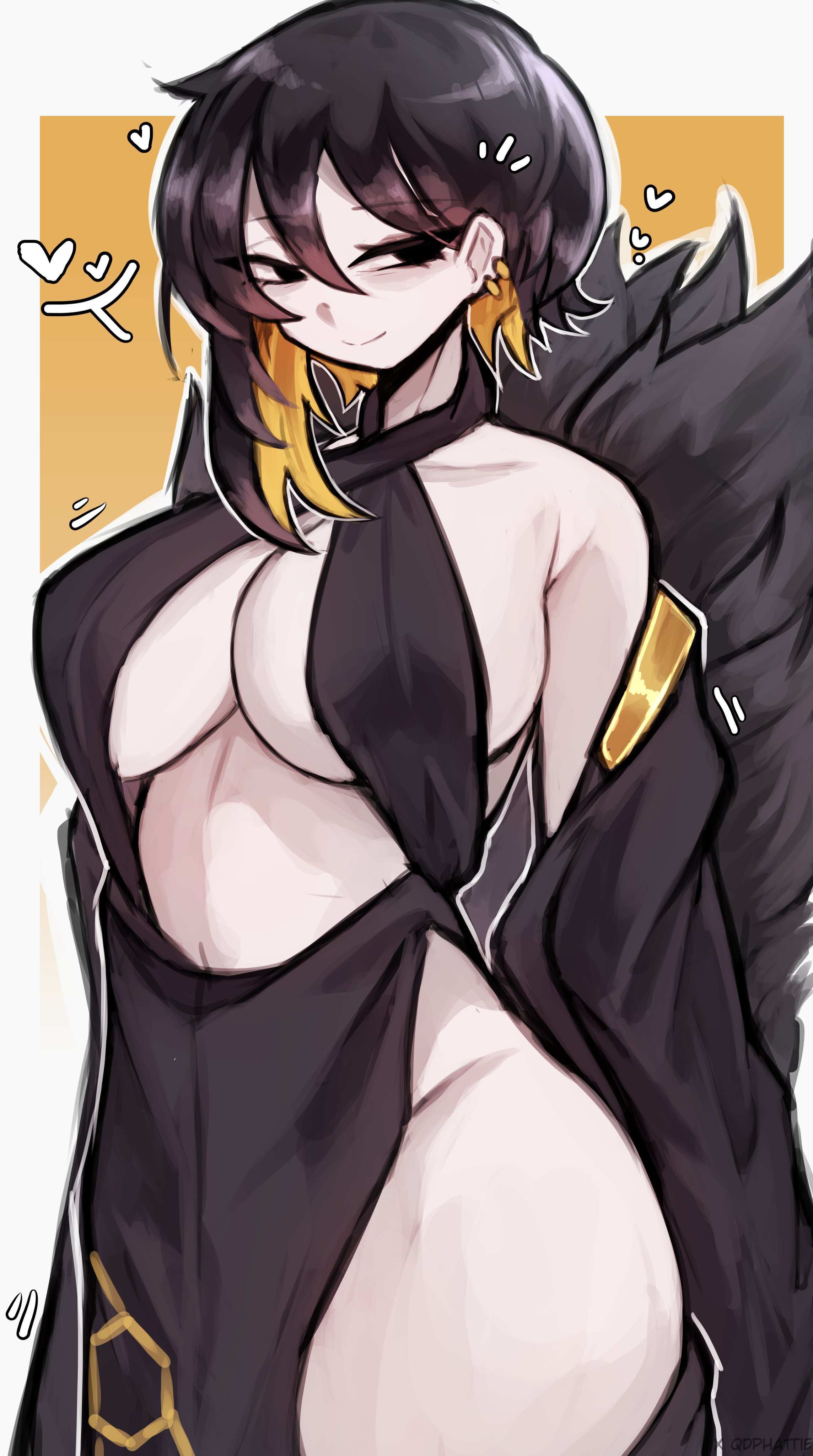 binah (project moon), library of ruina, project moon, absurdres, highres, 1girl, alternate costume, black coat, black dress, black eyes, black hair, blonde hair, border, breasts, cleavage, closed mouth, coat, colored inner hair, dress, earrings, fur-trimmed coat, fur trim, jewelry, large breasts, looking at viewer, multicolored hair, qdphattie, simple background, solo, standing, thighs, upper body, white border, yellow background