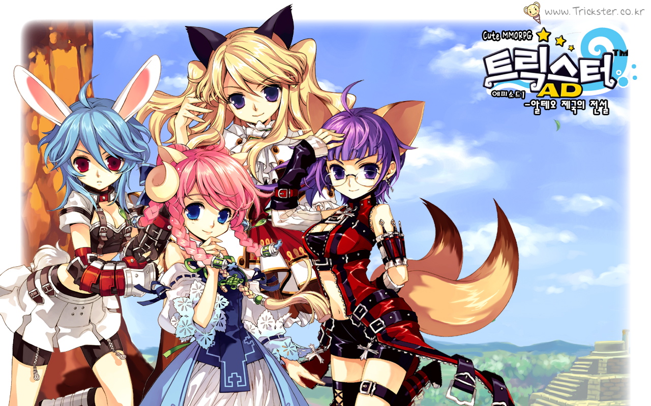 trickster (ntreev soft), 10s, 4girls, animal ears, blush, braid, breasts, cat ears, cat tail, cloud, dress, fake animal ears, female focus, fox ears, glasses, korean text, leotard, long hair, midriff, monster girl, multiple girls, outdoors, plait, plant, playboy bunny, rabbit ears, sheep girl, short hair, shorts, skirt, sky, standing, tail, tree