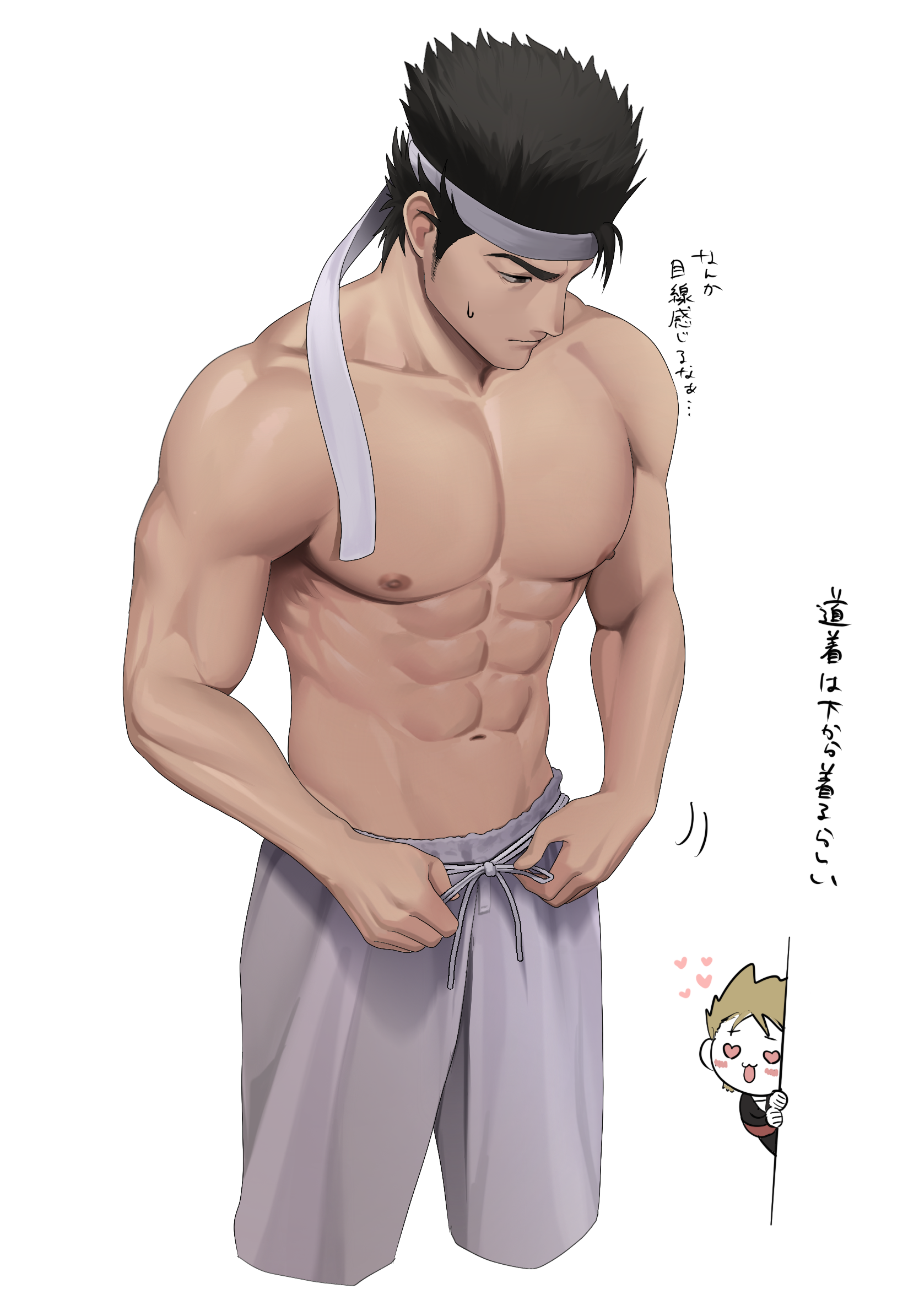 bitaro, jacky bryant, yuki akira, virtua fighter, highres, translation request, 2boys, abs, bara, black hair, blonde hair, cropped legs, headband, heart, heart-shaped eyes, large pectorals, looking down, male focus, multiple boys, muscular, muscular male, nipples, pants, pectorals, short hair, simple background, solo focus, spiked hair, sweatdrop, topless male, white background, white pants