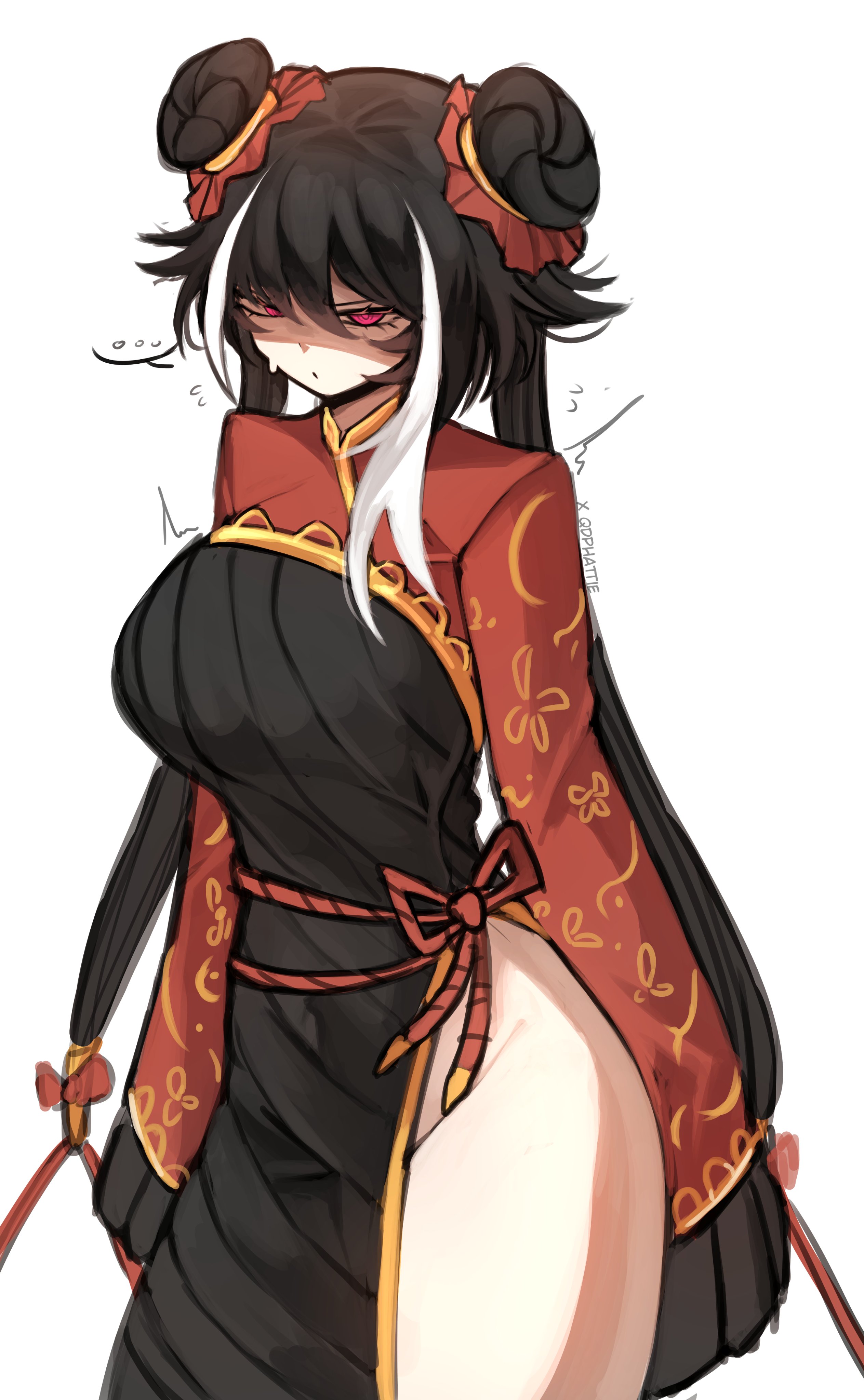 jia xichun (project moon), limbus company, project moon, absurdres, highres, …, 1girl, black dress, black hair, breasts, chinese clothes, double bun, dress, hair bun, long hair, long sleeves, looking at viewer, multicolored hair, pink eyes, qdphattie, red shrug, rope belt, simple background, solo, standing, streaked hair, thighs, twintails, upper body, white background, white streaks