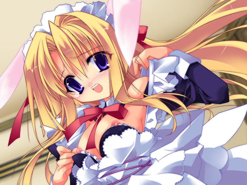 minazuki haruka, kaguya (relict), aniseed (company), relict, bunny girl, blonde hair, blue eyes, blush, breasts, maid, nipples, tears, undressing