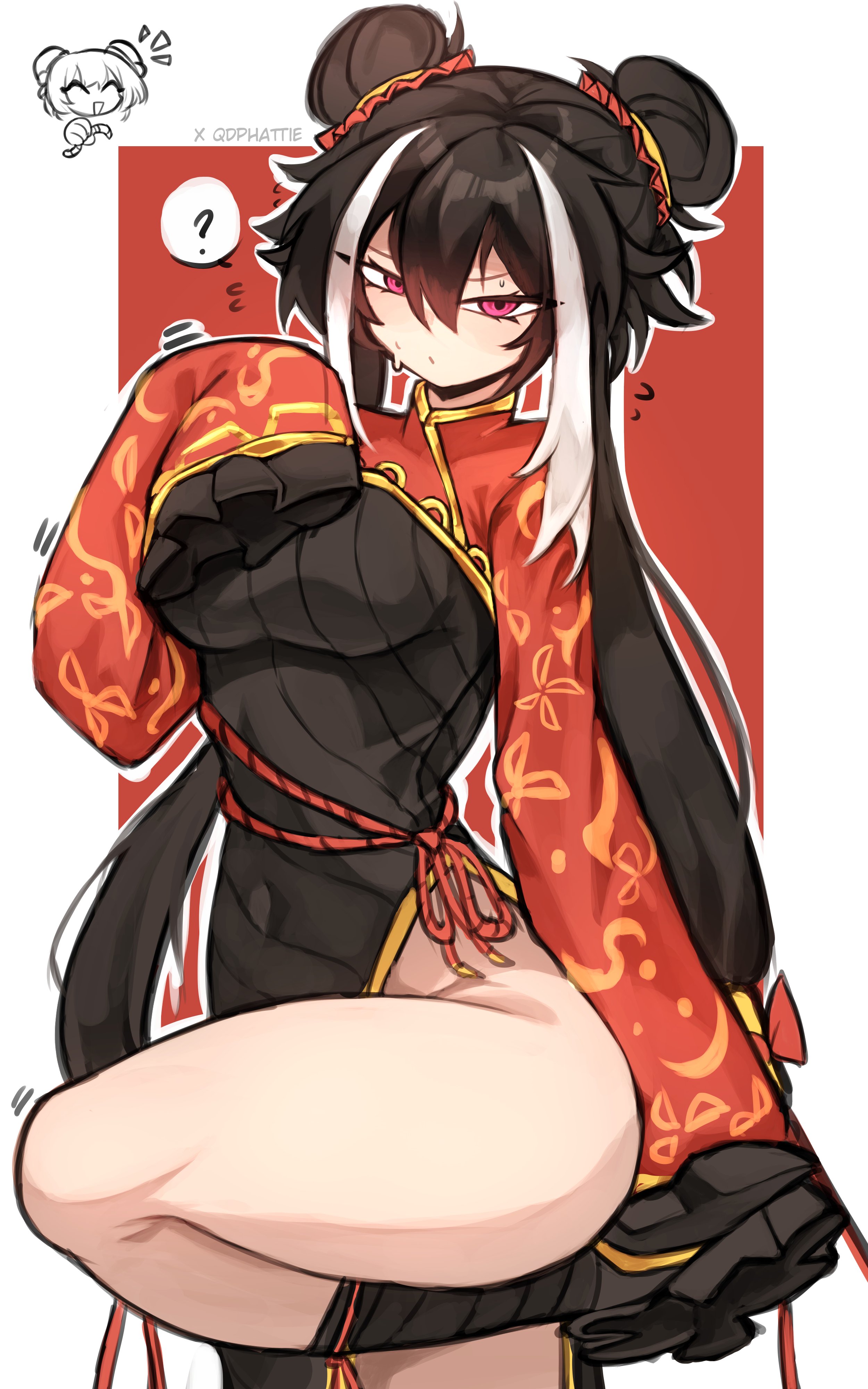 jia xichun (project moon), limbus company, project moon, absurdres, highres, 1girl, ?, black dress, black hair, border, breasts, chinese clothes, covered navel, double bun, dress, hair bun, leg up, long hair, long sleeves, looking at viewer, multicolored hair, pink eyes, qdphattie, red background, red shrug, rope belt, simple background, solo, standing, streaked hair, thick thighs, thighs, twintails, upper body, white border, white streaks