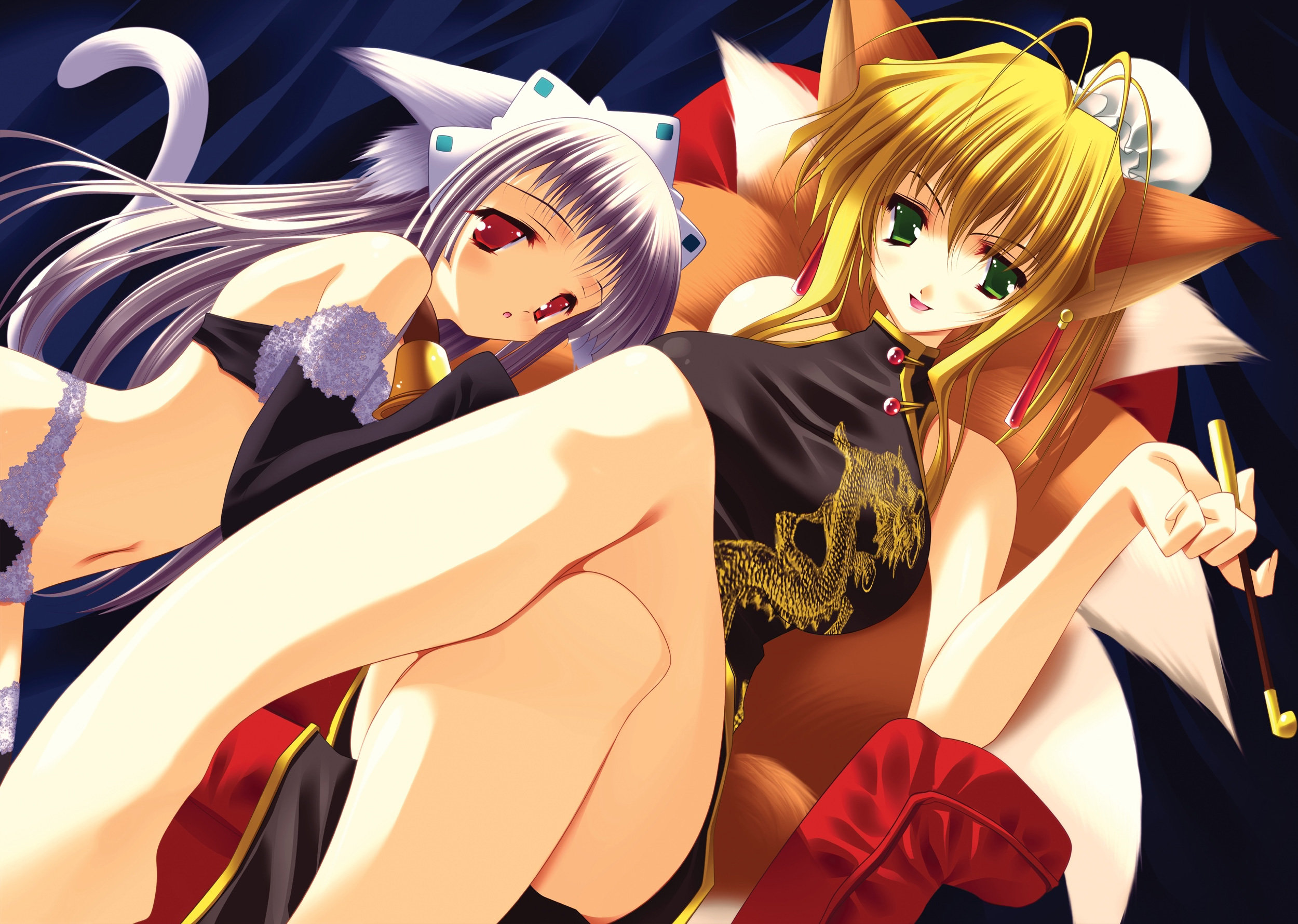 highres, tagme, animal ears, cat ears, cat tail, china dress, chinese clothes, dress, tail, thighhighs