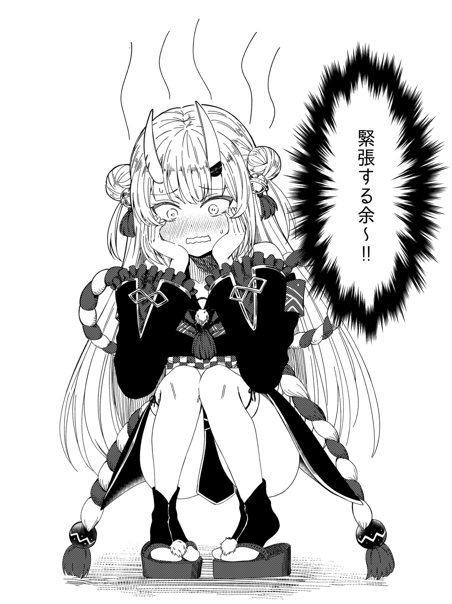 orinpachu, nakiri ayame, hololive, costume request, highres, translation request, blush, double bun, embarrassed, frilled sleeves, frills, full body, greyscale, hair bun, hands on own face, horns, long sleeves, looking at viewer, looking down, monochrome, nose blush, platform sandals, sandals, sweat, virtual youtuber, white background