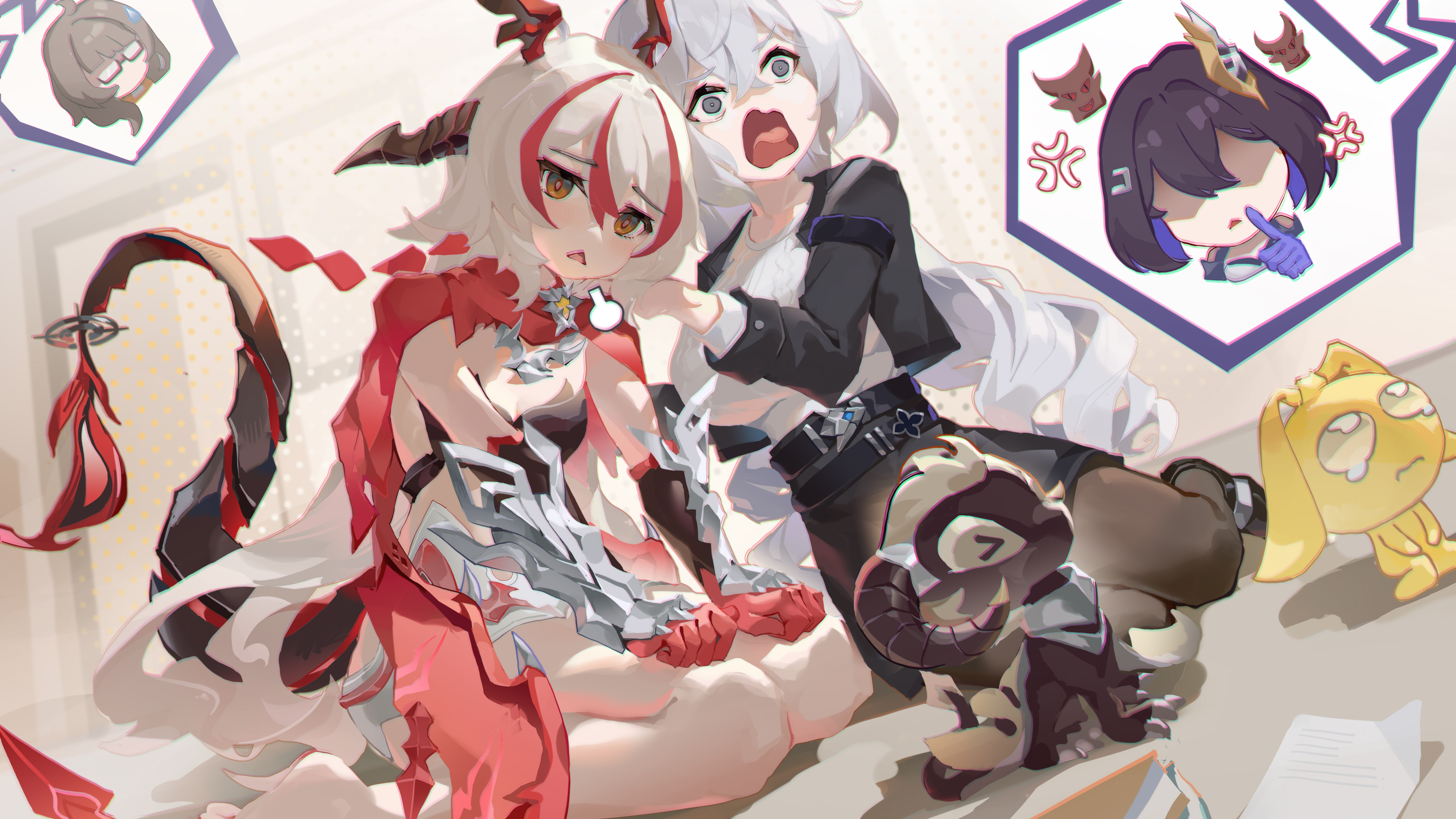 asc11, bronya zaychik, bronya zaychik (outstanding attitude), bronya zaychik (silverwing: n-ex), coralie 6626 planck, coralie 6626 planck (behold! fate-defying dragon), entropy (honkai impact 3rd), female dreamseeker (honkai impact), homu (honkai impact), leylah (honkai impact), seele vollerei, honkai (series), honkai impact 3rd, absurdres, chinese commentary, commentary request, highres, 4girls, anger vein, armored gloves, black pantyhose, black skirt, black vest, blue gloves, blue hair, breasts, brown eyes, colored inner hair, dragon girl, dragon horns, dragon tail, glasses, gloves, grey eyes, grey hair, grey sweater, horns, large breasts, long hair, multicolored hair, multiple girls, office lady, official alternate costume, open mouth, pantyhose, pencil skirt, red gloves, red hair, ribbed sweater, short hair, sitting, skirt, streaked hair, sweater, tail, triangle mouth, two-tone hair, very long hair, vest, wariza