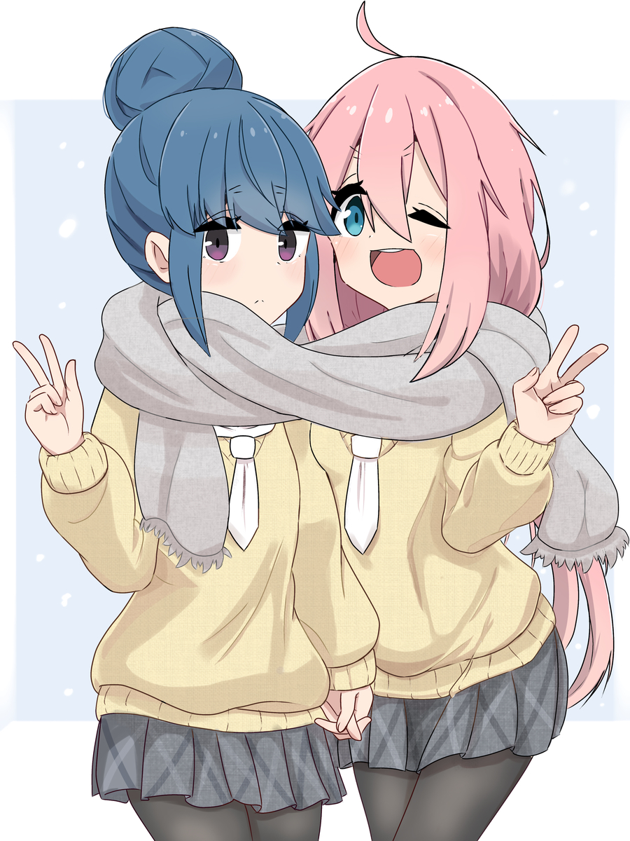 kagamihara nadeshiko, shima rin, yurucamp, 2girls, black pantyhose, blue eyes, blue hair, blush, closed mouth, dot nose, feet out of frame, female focus, hair between eyes, hair bun, holding hands, long hair, long sleeves, looking at viewer, multiple girls, one eye closed, open mouth, pantyhose, pink hair, purple eyes, scarf, school uniform, serafuku, standing, teeth, v