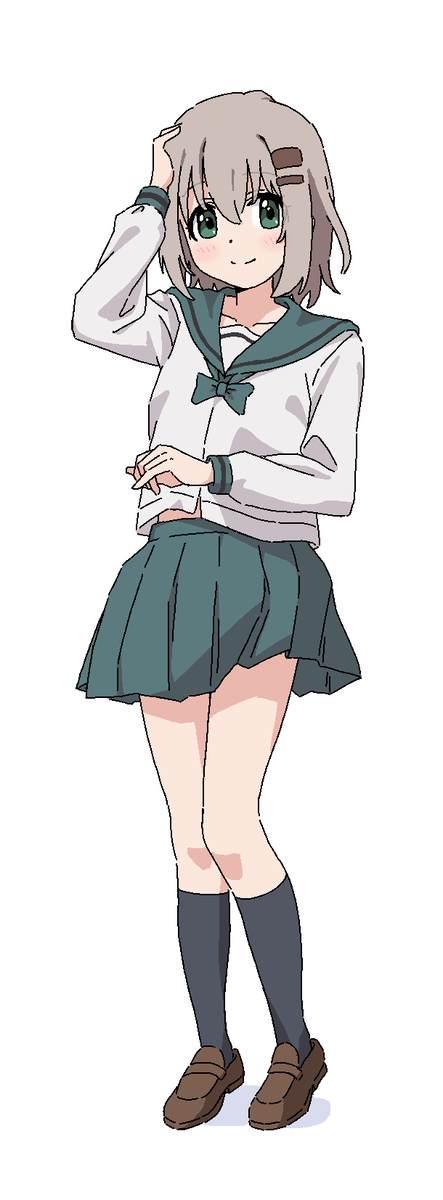 yukimura aoi, yama no susume, 1girl, black socks, female focus, full body, green eyes, green sailor collar, green skirt, grey hair, hair between eyes, hair ornament, hairclip, long sleeves, looking at viewer, ribbon, sailor collar, school uniform, serafuku, shirt, shoes, short hair, simple background, skirt, socks, solo, standing, white background, white shirt