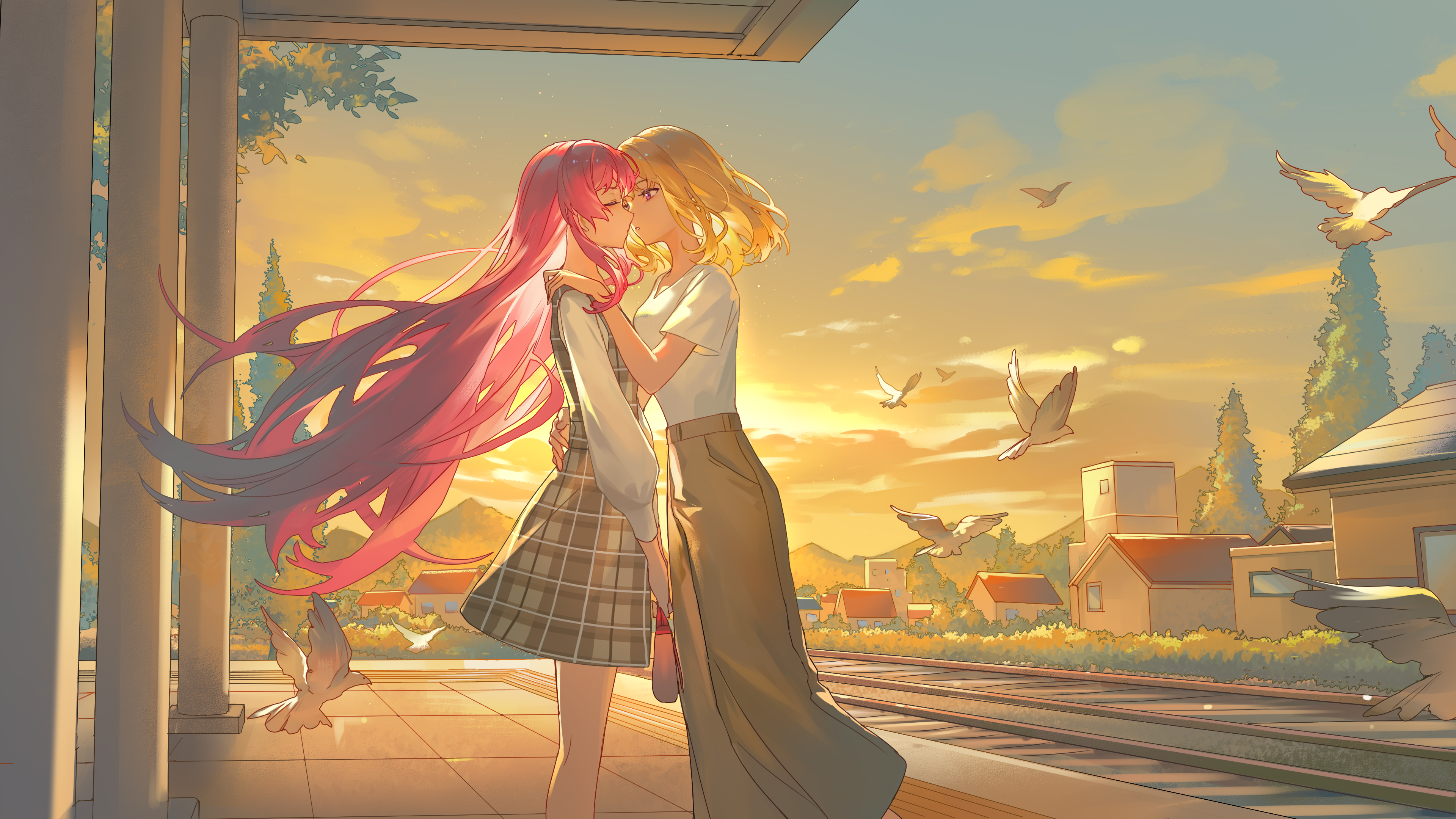 acr (dash), chihaya anon, misumi uika, bang dream!, bang dream! it's mygo!!!!!, absurdres, chinese commentary, commentary request, commission, highres, second-party source, bag, baseball cap, bird, black hat, blonde hair, cloud, dress, facing another, gradient sky, grey dress, grey skirt, hand on another's back, hand on another's shoulder, hat, holding, holding bag, house, imminent kiss, looking at another, mountain, pillar, pinafore dress, pink hair, plaid clothes, plaid dress, purple eyes, railroad tracks, shirt, shirt tucked in, skirt, sky, sleeveless, sleeveless dress, standing, sunlight, sunset, t-shirt, twilight, white bird, white shirt, yuri