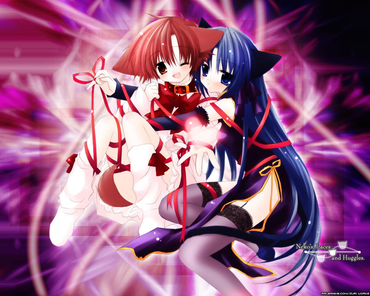 sakurazawa izumi, hinata (pure pure), tobari (pure pure), pure pure, 2girls, animal ears, blue eyes, blue hair, blush, bow, cat ears, cat girl, cat tail, china dress, chinese clothes, chronlog, collar, dog ears, dress, female focus, garter belt, kneehighs, long hair, multiple girls, red eyes, red hair, ribbon, short hair, skirt, socks, tail, thighhighs