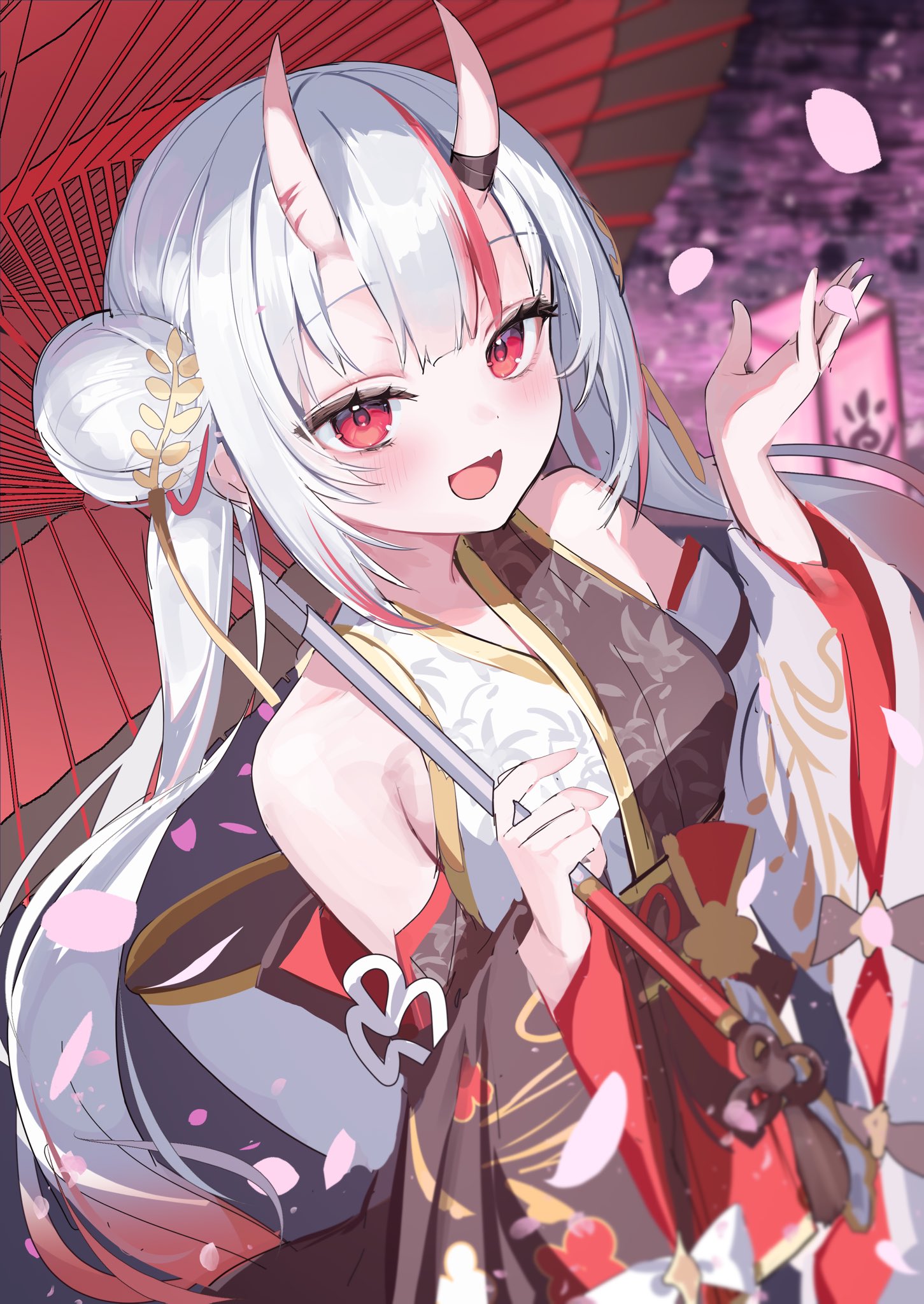 iruka3, nakiri ayame, hololive, commentary request, costume request, highres, 1girl, :d, bare shoulders, blush, breasts, detached sleeves, dot nose, fang, hair bun, holding, holding umbrella, horns, japanese clothes, long hair, long sleeves, looking at viewer, medium breasts, multicolored hair, official alternate costume, open mouth, red eyes, red hair, skin-covered horns, skin fang, smile, solo, streaked hair, umbrella, upper body, virtual youtuber, white hair