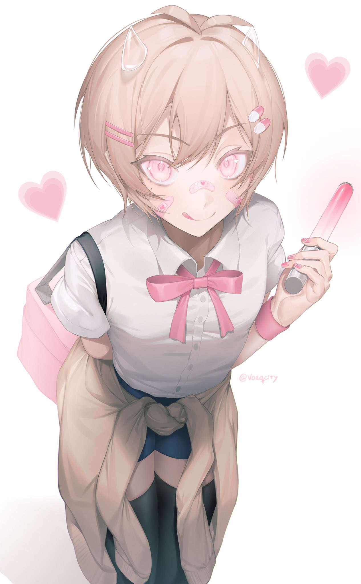 vorqcity, original, commentary, highres, ibispaint (medium), 1boy, androgynous, bandaid, bandaid on cheek, bandaid on face, bandaid on nose, blonde hair, closed mouth, collared shirt, cowboy shot, double-parted bangs, glowstick, hair ornament, hairclip, hand up, heart, holding, holding glowstick, horns, leaning forward, licking lips, looking at viewer, male focus, mole, mole under eye, parallel hairclips, pill hair ornament, pink eyes, pink ribbon, ribbon, shirt, short hair, short sleeves, simple background, smile, solo, tongue, tongue out, white background, white shirt
