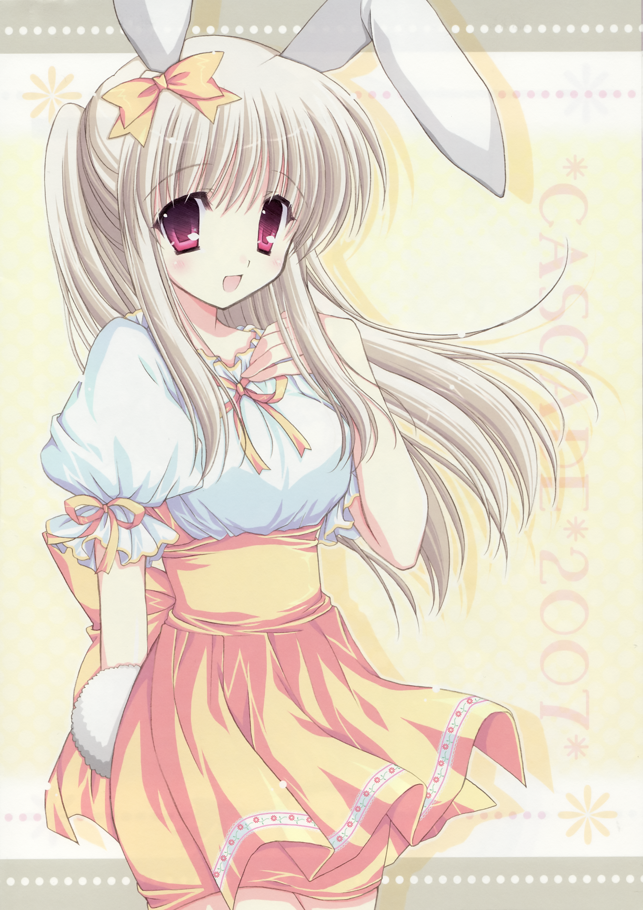 hasekura chiaki, anna miller, absurdres, highres, 1girl, animal ears, blonde hair, blush, dress, female focus, long hair, orange skirt, rabbit ears, rabbit girl, ribbon, skirt, smile, solo, waitress