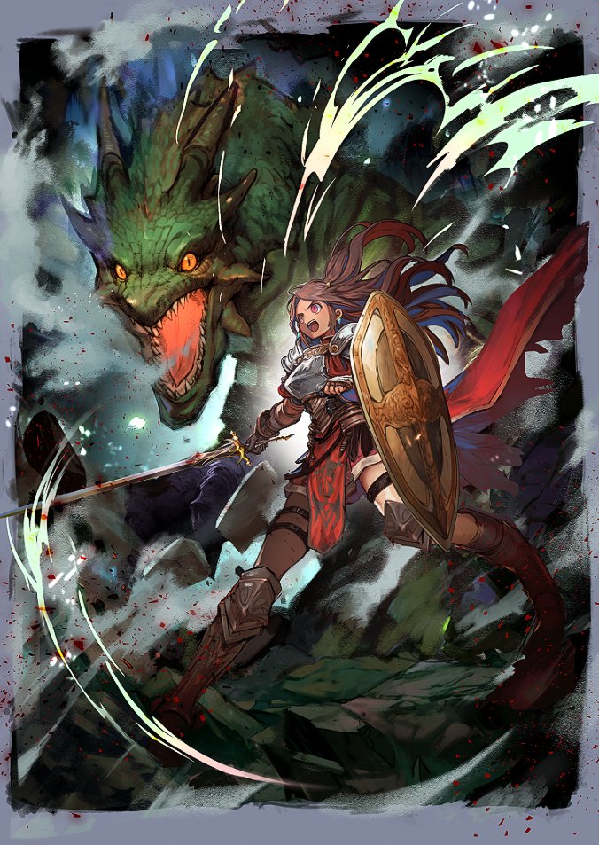 narita imomushi, commentary request, official art, 1girl, armor, belt, black eyes, boots, border, breath, brown boots, brown corset, brown gloves, brown hair, cape, chest guard, colored sclera, corset, dragon, dragon lady half, earrings, fantasy, fingerless gloves, gloves, grey border, holding, holding shield, holding sword, holding weapon, jewelry, long hair, multiple thigh straps, open mouth, orange sclera, pelvic curtain, pink eyes, red cape, rock, sharp teeth, shield, shoulder armor, slit pupils, standing, sword, teeth, thigh belt, thigh strap, tongue, weapon