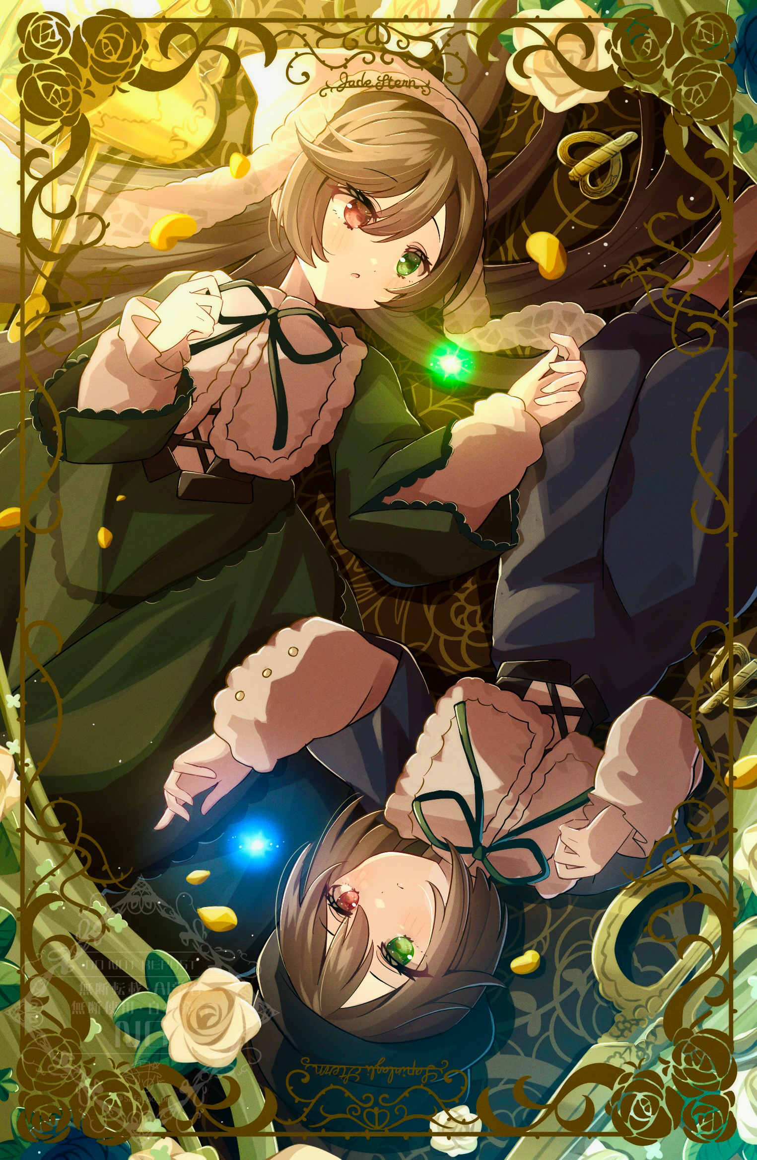 safuapurin, souseiseki, suiseiseki, rozen maiden, commentary request, highres, 2girls, brown hair, dress, flower, green eyes, heterochromia, light particles, long hair, multiple girls, petals, red eyes, rose, rotational symmetry, short hair, siblings, sisters