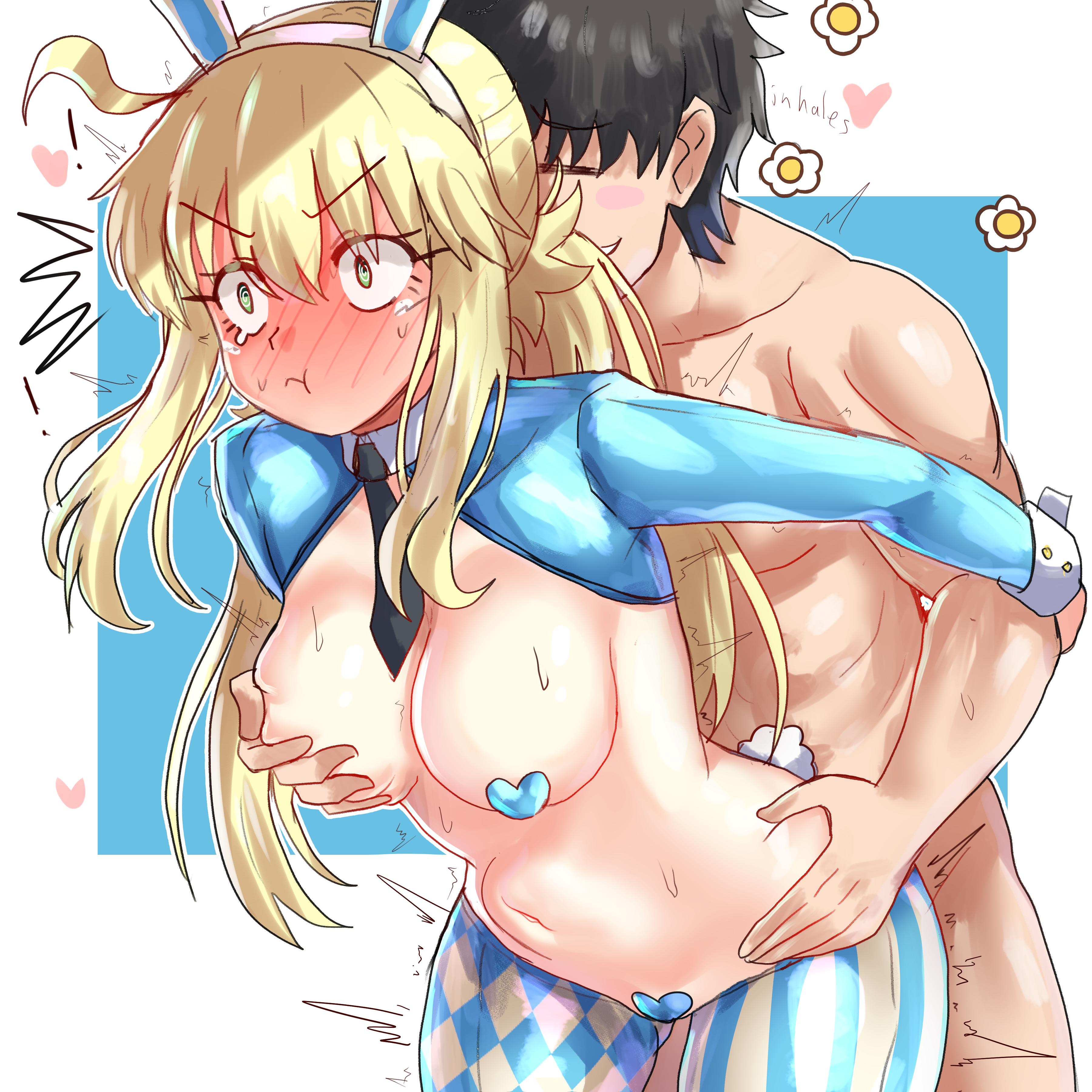 ebora, artoria caster (fate), artoria caster (swimsuit berserker) (second ascension) (fate), artoria pendragon (fate), fujimaru ritsuka (male), fate/grand order, fate (series), absurdres, bad link, highres, 1boy, 1girl, animal ears, black hair, black necktie, blonde hair, blue pantyhose, blush, blush stickers, breasts, closed mouth, clothed female nude male, crotchless, detached collar, fake animal ears, fake tail, frontless outfit, full-face blush, green eyes, heart, heart maebari, heart pasties, hetero, hiphighs, long hair, maebari, navel, necktie, nude, pantyhose, pasties, pout, rabbit ears, rabbit tail, reverse bunnysuit, reverse outfit, sex, sex from behind, short hair, shrug (clothing), standing, standing sex, stomach bulge, sweat, tail, twintails, two-tone background, white wrist cuffs, wide-eyed, wrist cuffs