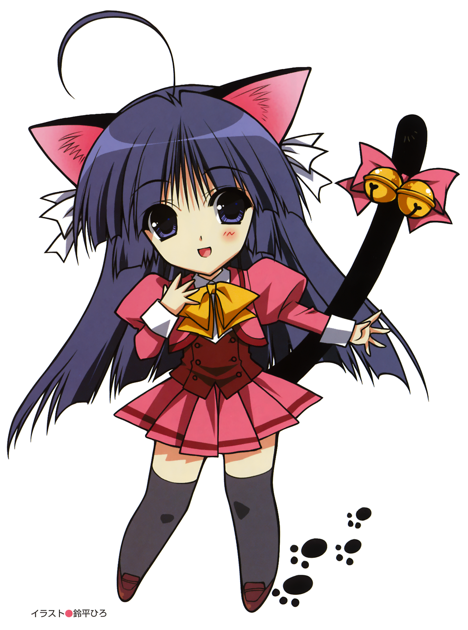 suzuhira hiro, shuffle!, character request, highres, 00s, 1girl, ahoge, animal ears, artist name, bell, blue eyes, blue hair, bow, cat ears, cat girl, cat tail, chibi, female focus, long hair, matching hair/eyes, school uniform, serafuku, simple background, skirt, solo, standing, tail, thighhighs