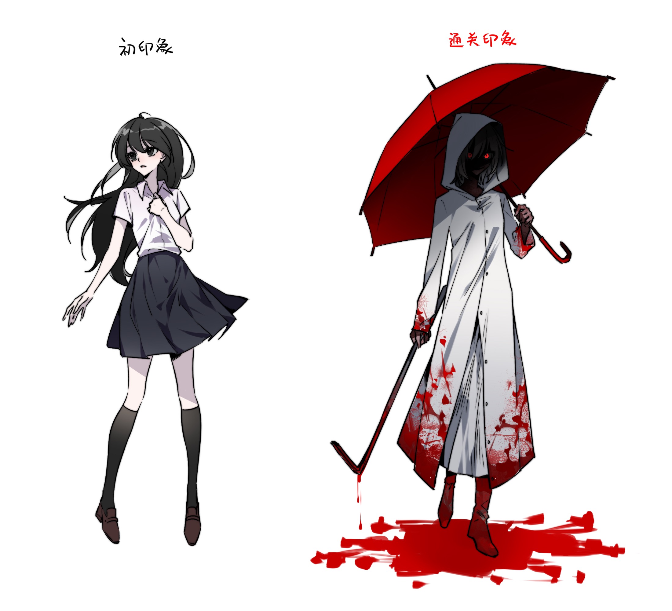 adashino adami, homicipher, chinese commentary, commentary request, highres, 1girl, 777054, before and after, black eyes, black hair, black skirt, blood, blood on clothes, blood on ground, boots, crowbar, glowing, glowing eyes, holding, holding crowbar, holding umbrella, kneehighs, long hair, raincoat, red eyes, red umbrella, school uniform, shirt, simple background, skirt, socks, umbrella, white background, white shirt