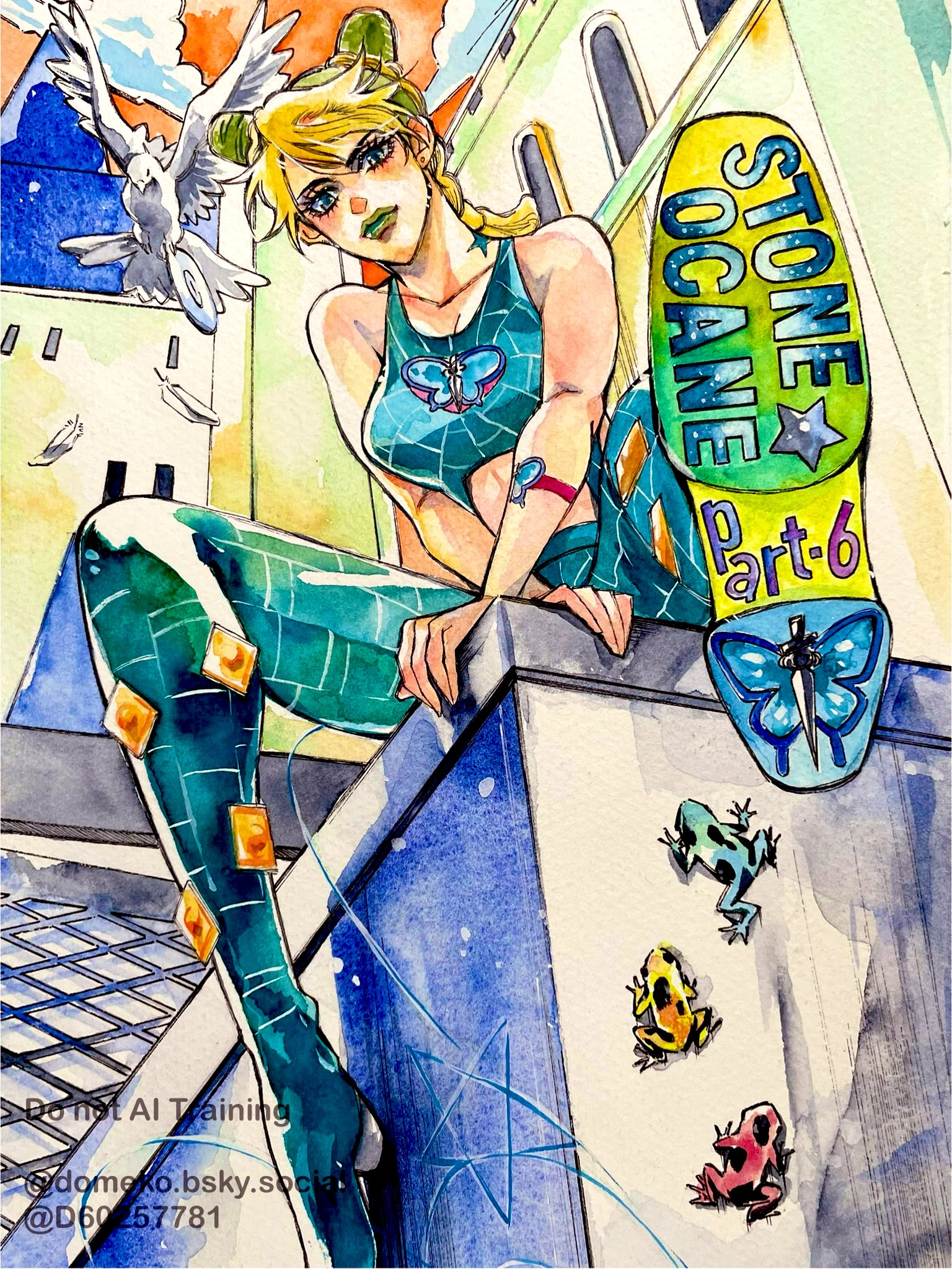 d60257781, kuujou jolyne, jojo no kimyou na bouken, stone ocean, commentary request, highres, painting (medium), traditional media, watercolor (medium), 1girl, arm tattoo, bird, birthmark, blonde hair, blue butterfly, blue eyes, blue pants, blue tank top, braid, braided ponytail, breasts, bug, building, butterfly, butterfly tattoo, cloud, cone hair bun, crop top, double bun, english text, feathers, frog, from below, green hair, green lips, hair bun, insect, joestar birthmark, makeup, medium breasts, midriff, multicolored hair, outdoors, pants, savage garden (jojo), sitting, sky, soles, solo, spider web print, string, tank top, tattoo, two-tone hair