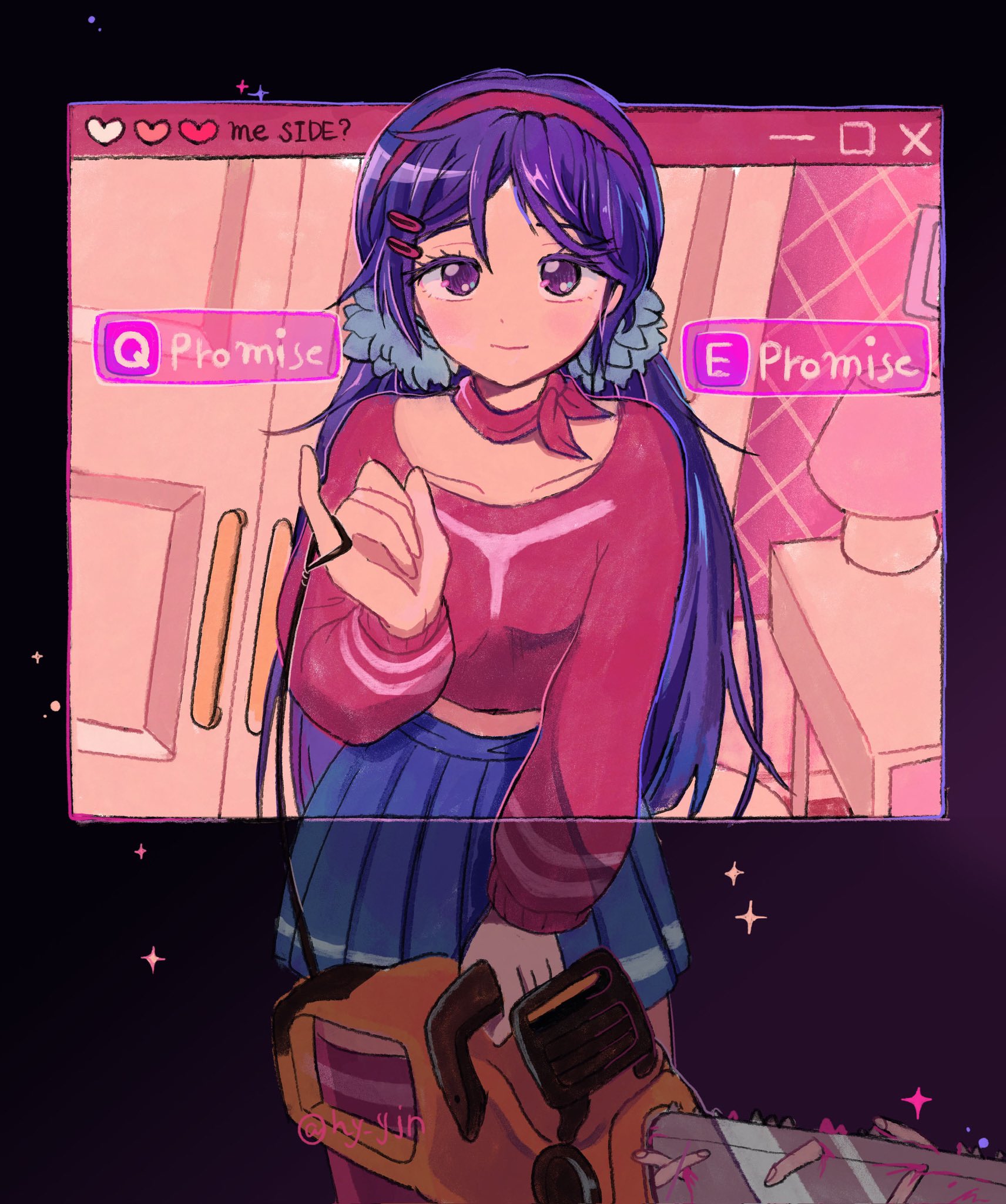 hyyjn, crazy mita (miside), mita (miside), miside, commentary request, highres, 1girl, artist name, blue skirt, chainsaw, choice, choker, collarbone, flower hairtie, hairband, holding, holding chainsaw, light blush, long sleeves, looking at viewer, miniskirt, pinky swear, pleated skirt, purple eyes, purple hair, red choker, red hairband, red sweater, red thighhighs, skirt, solo, sweater, thighhighs, twintails, twitter username