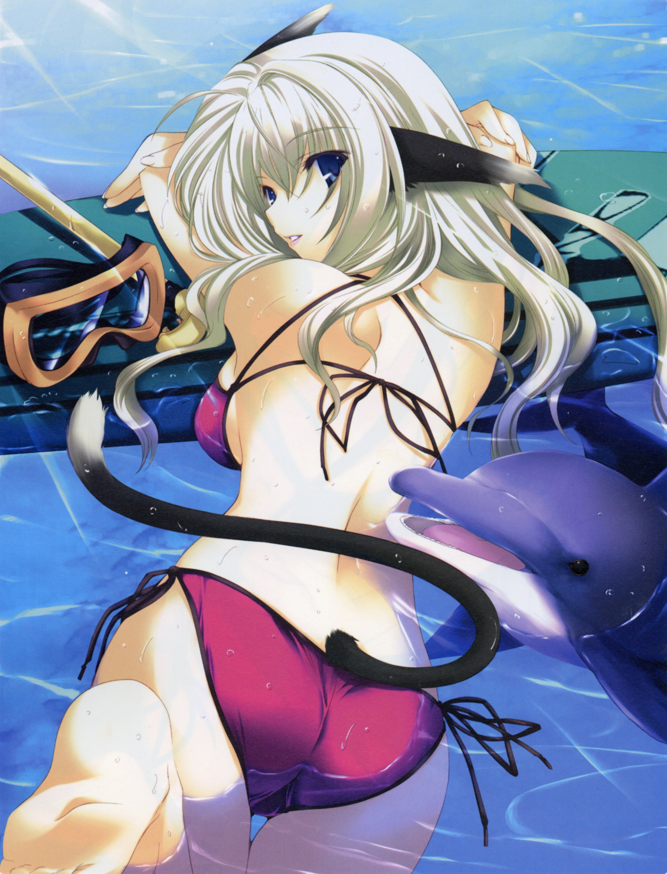 absurdres, highres, animal ears, bikini, blonde hair, blue eyes, cat ears, dolphin, long hair, panties, side-tie panties, swimsuit, underwear, wet