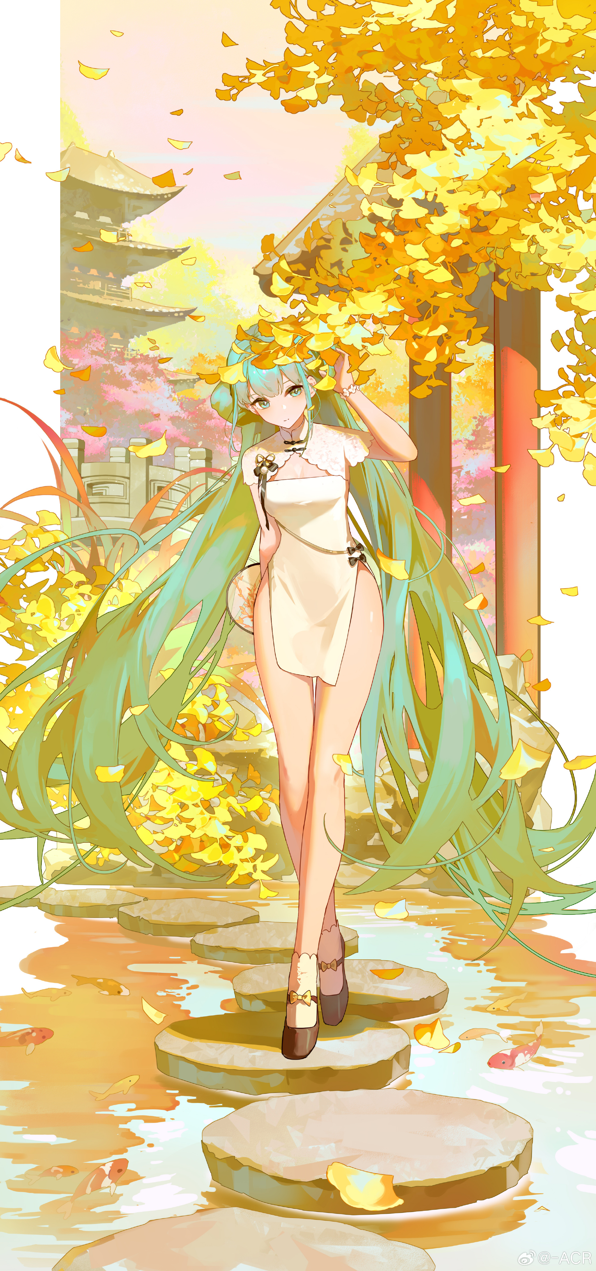 acr (dash), hatsune miku, vocaloid, absurdres, commentary, highres, 1girl, aqua eyes, aqua hair, architecture, black bow, bow, bridge, brown shoes, china dress, chinese clothes, closed mouth, clothing cutout, day, dress, dress bow, east asian architecture, falling leaves, fish, footwear bow, full body, ginkgo leaf, goldfish, hand fan, holding, holding behind back, holding fan, leaf, long hair, mandarin collar, outdoors, pankou, shoes, short sleeves, side slit, socks, solo, standing, stone bridge, tuanshan, twintails, very long hair, white dress, white socks, yellow bow, yellow leaves