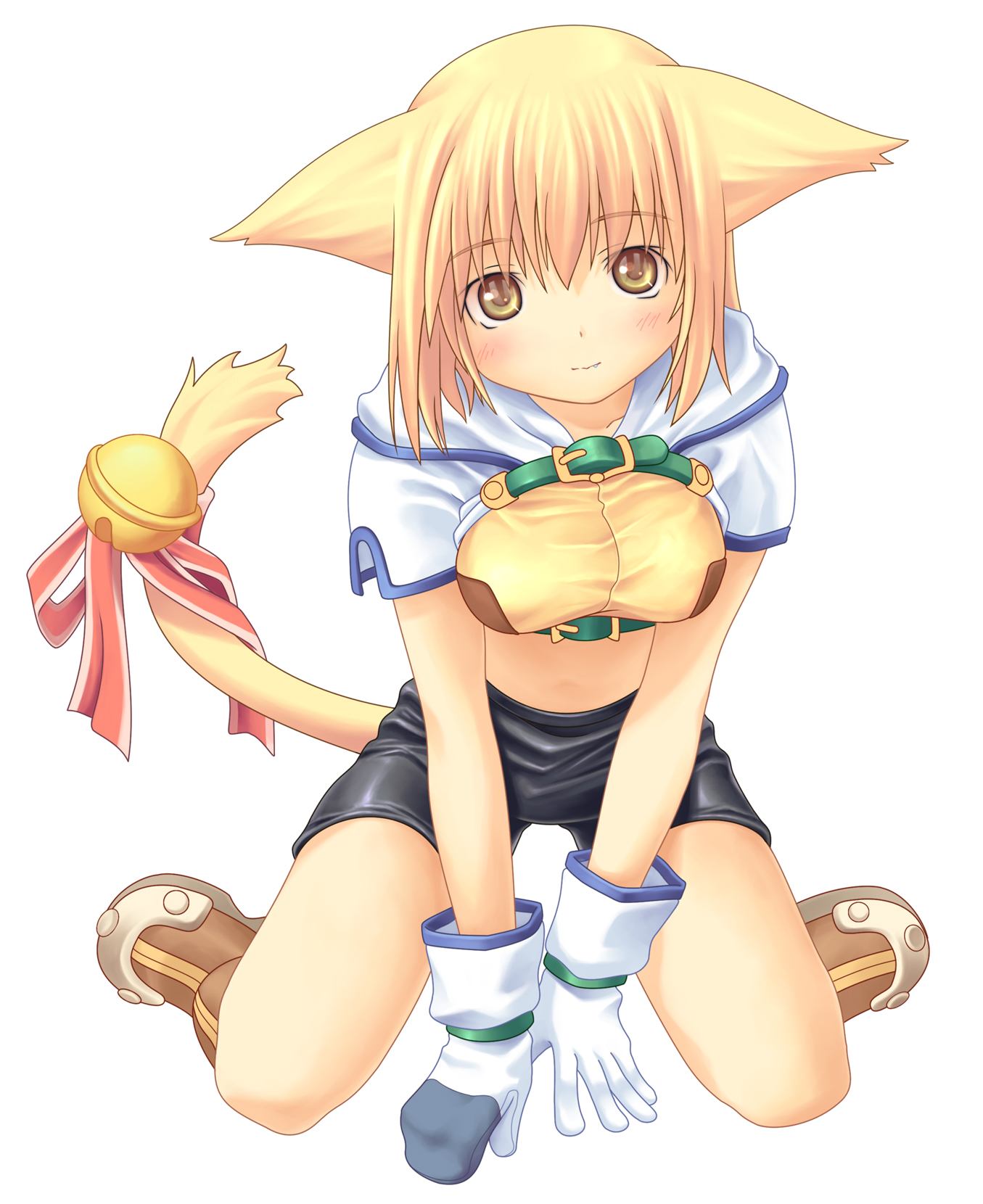 hunter (ragnarok online), ragnarok online, highres, tagme, 1girl, animal ears, bell, blush, cat ears, female focus, looking at viewer, shorts, simple background, solo, tail, white background