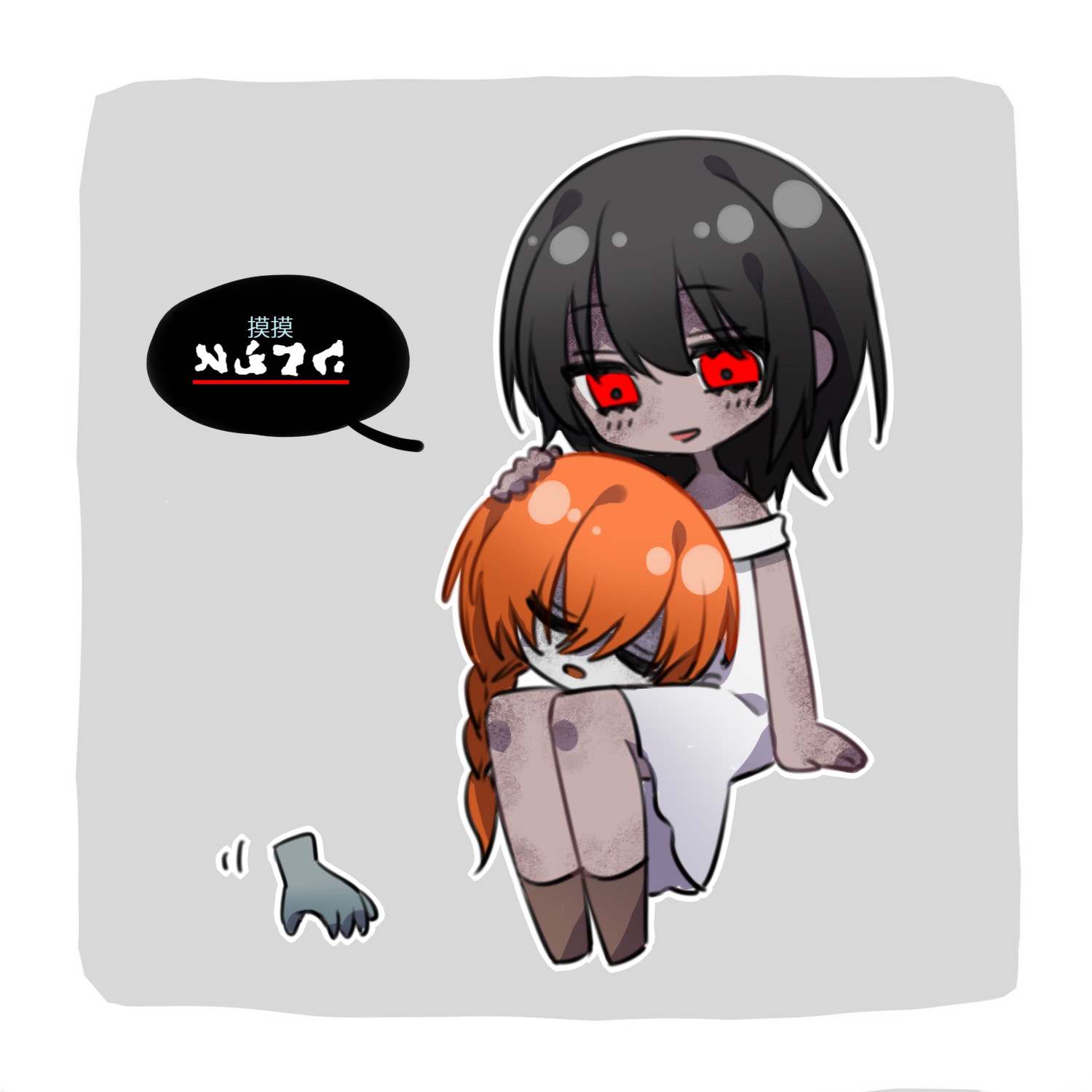 adashino adami, mr. chopped, homicipher, chinese commentary, commentary request, highres, translation request, 1boy, 1girl, 777054, black hair, braid, chinese text, dress, grey background, homicipher text, invisible chair, lap pillow, orange hair, red eyes, severed hand, severed head, simple background, sitting, sleeping, white dress