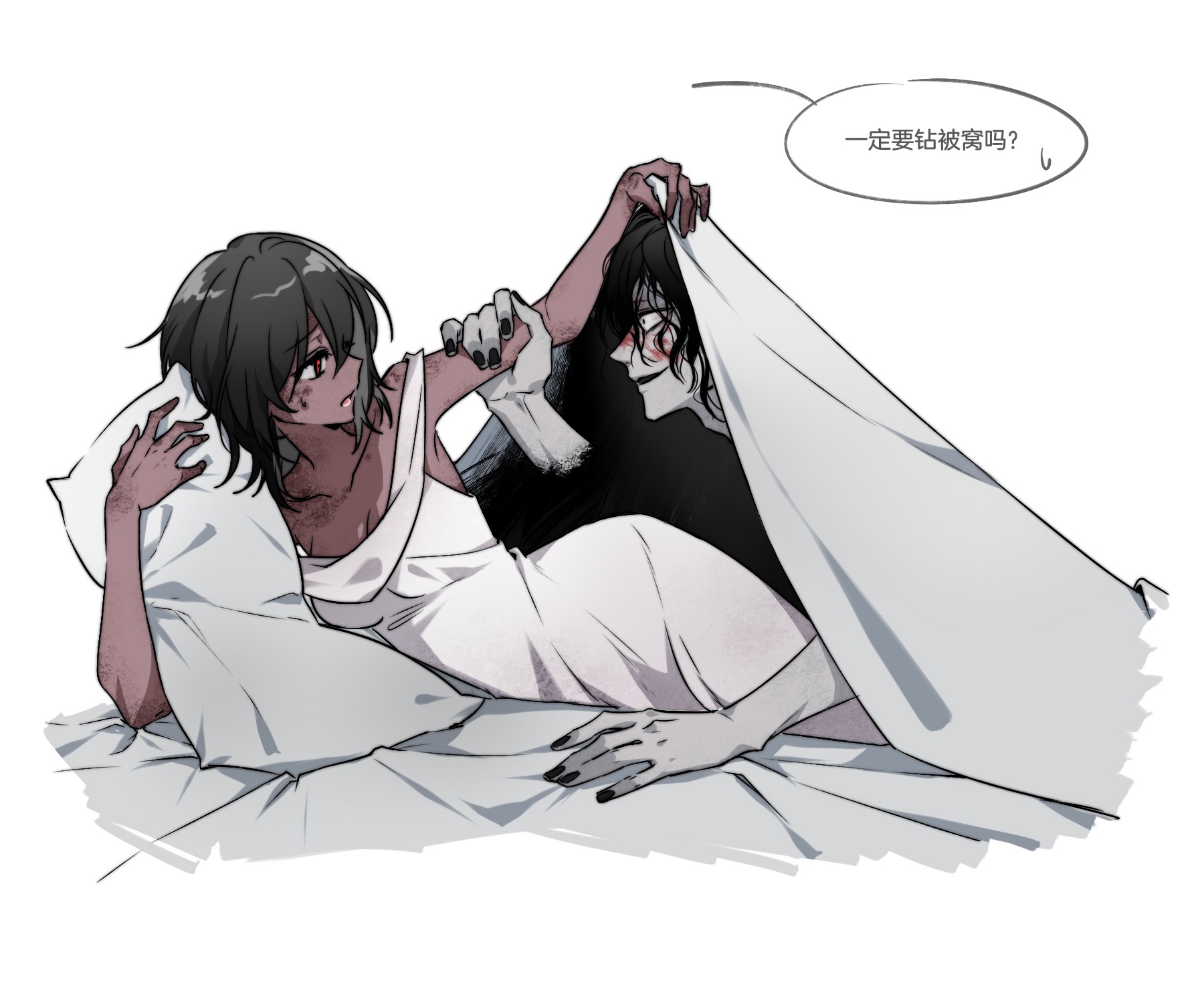 adashino adami, mr. gap, homicipher, chinese commentary, commentary request, highres, translation request, 1boy, 1girl, 777054, black hair, blanket, blood, blood on face, chinese text, dress, grabbing another's arm, holding, holding blanket, looking at another, lying, on side, pillow, red eyes, short hair, under covers, white dress