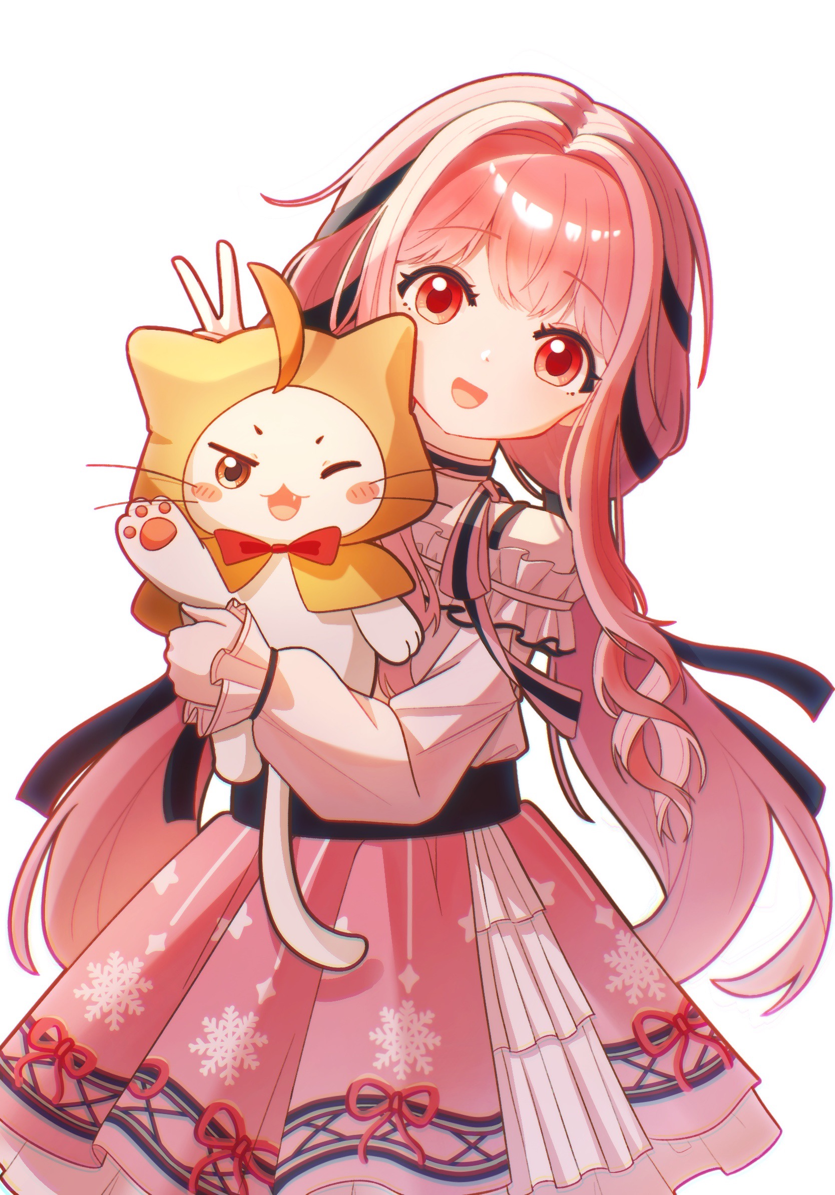 momo (nikki), nikki (nikki), perfect start (infinity nikki), infinity nikki, nikki (series), highres, 1girl, ahoge, animal, arm cutout, bare shoulders, belt, black belt, black bow, black ribbon, blunt bangs, blush stickers, bow, bowtie, bra strap, cat, choker, cloak, clothed animal, clothing cutout, collarbone, cowboy shot, dot nose, ear covers, eyelashes, fang, frilled shirt, frilled skirt, frilled sleeves, frills, hair bow, hair intakes, hair ribbon, happy, head tilt, holding, holding animal, holding cat, hood, hood up, hooded cloak, layered skirt, long hair, long sleeves, looking at viewer, miniskirt, off-shoulder shirt, off shoulder, one eye closed, open mouth, pawpads, pink choker, pink hair, pink ribbon, pink skirt, pleated skirt, puffy long sleeves, puffy sleeves, red bow, red bowtie, ribbon, shirt, sidelocks, simple background, single stripe, skirt, sleeves past wrists, smile, snowflake print, standing, striped choker, traditional bowtie, tress ribbon, very long hair, wavy hair, whiskers, white background, white cat, white shirt, white skirt, yellow cloak, yezhi073