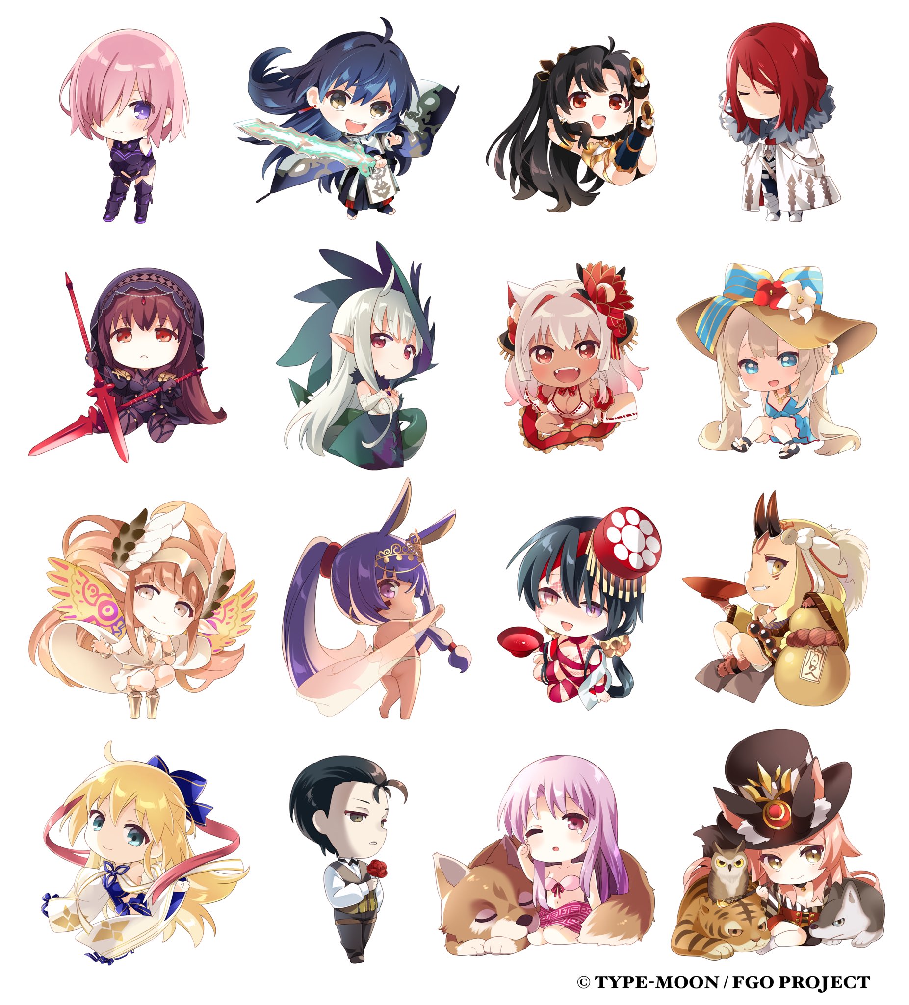 namori, artoria caster (fate), artoria caster (swimsuit berserker) (third ascension) (fate), artoria pendragon (fate), biscione (fate), biscione (third ascension) (fate), circe (fate), ibaraki douji (fate), ishtar (fate), koyanskaya (fate), koyanskaya (foreigner) (second ascension) (fate), marie antoinette (fate), marie antoinette (swimsuit caster) (third ascension) (fate), mash kyrielight, mash kyrielight (demi-servant), mochizuki chiyome (fate), mochizuki chiyome (third ascension) (fate), nitocris (fate), nitocris (fate/grand order), nitocris (swimsuit assassin) (fate), nitocris (swimsuit assassin) (third ascension) (fate), scathach (fate), sherlock holmes (fate), sitonai (fate), suzuka gozen (fate), suzuka gozen (swimsuit rider) (fate), suzuka gozen (swimsuit rider) (third ascension) (fate), tristan (fate), yamato takeru (fate), yamato takeru (third ascension) (fate), fate/grand order, fate (series), commentary request, highres, official art, 1other, 2boys, 6+girls, ahoge, amenomurakumo-no-tsurugi (fate), animal ear fluff, animal ears, armlet, armor, armored boots, armored leotard, arms behind back, asymmetrical legwear, bare shoulders, barefoot, bell, bikini, bikini skirt, bird, black armor, black boots, black bow, black bowtie, black choker, black hair, black hat, black horns, black pants, black sandals, black thighhighs, black veil, blonde hair, blue bikini, blue bow, blue eyes, blue hair, blue one-piece swimsuit, blush, body markings, bodysuit, boots, bow, bowtie, bra, bracelet, cape, chest jewel, chibi, chibi only, choker, closed eyes, closed mouth, colored extremities, colored skin, company name, copyright name, copyright notice, crown, cup, dark-skinned female, dark skin, detached sleeves, dragon girl, dragon horns, dragon tail, dress, dual wielding, earrings, ears through headwear, facepaint, fangs, flower, footwear flower, fox ears, fox girl, fur-trimmed cape, fur collar, fur trim, gae bolg (fate), gem, gold boots, gold bracelet, gold hairband, gold necklace, gold sandals, gourd, gradient hair, green dress, grey hair, grey vest, grin, hair bell, hair between eyes, hair bow, hair flower, hair intakes, hair ornament, hair over one eye, hair slicked back, hairband, hand on headwear, hat, hat flower, head chain, heterochromia, high heel boots, high heels, holding, holding cup, holding flower, holding polearm, holding sarong, holding smoking pipe, holding sword, holding unworn clothes, holding weapon, hood, hood up, hooded dress, horns, ibaraki douji (third ascension) (fate), jackal ears, japanese clothes, jewelry, kimono, leotard, long hair, long sleeves, looking ahead, looking at viewer, low-tied sidelocks, low twintails, mismatched bikini, mismatched legwear, multicolored hair, multiple boys, multiple girls, naked ribbon, necklace, one-piece swimsuit, one eye closed, open mouth, owl, pants, parted lips, pelvic curtain, pendant choker, pink bra, pink hair, pink skirt, platform sandals, pointy ears, polearm, ponytail, print skirt, purple bodysuit, purple eyes, purple gemstone, purple hair, red eyes, red flower, red hair, red hat, red ribbon, red skin, ribbon, rubbing eyes, sakazuki, sandals, sarong, scathach (third ascension) (fate), see-through clothes, see-through sarong, shirt, short hair, sidelocks, simple background, single sock, single thighhigh, sitting, skirt, sleeveless, sleeveless shirt, smile, smoking pipe, socks, spear, squatting, sun hat, swimsuit, sword, tabi, tail, tearing up, teeth, thighhighs, tiara, tiger, top hat, tristan (third ascension) (fate), twintails, two side up, underwear, unworn sarong, upper teeth only, veil, vest, weapon, white background, white bikini, white cape, white flower, white hair, white shirt, white skirt, white sleeves, white socks, wide sleeves, wing hair ornament, wings, wolf, yellow eyes, yellow hat, yellow kimono, yellow wings