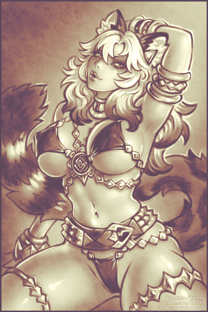 candra, xilonen (genshin impact), genshin impact, commentary, english commentary, 1girl, alternate breast size (larger), alternate costume, animal ear fluff, animal ears, arm up, armlet, armpits, belt, bikini, bracelet, breasts, covered erect nipples, face piercing, geo symbol (genshin impact), jewelry, large breasts, leopard ears, leopard tail, lip piercing, lips, long hair, looking at viewer, monochrome, multicolored hair, navel, parted lips, piercing, solo, swimsuit, tail, thighlet, watermark, web address