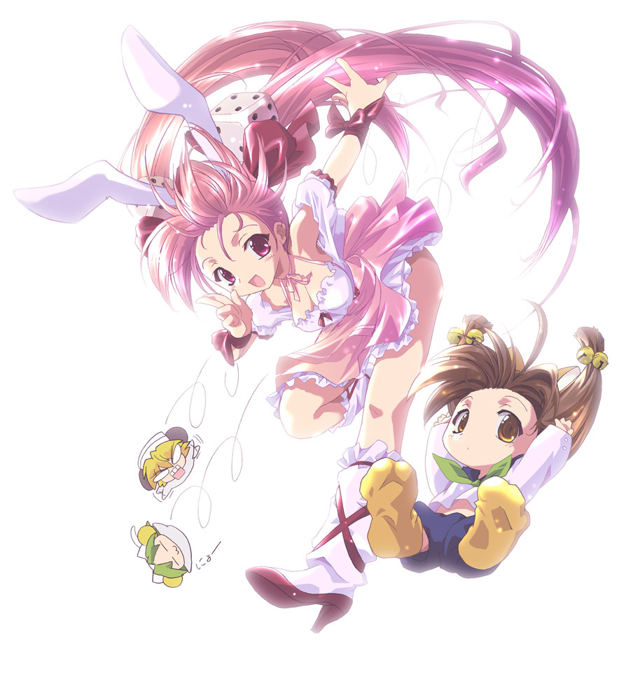 komatsu eiji, dejiko, piyoko, puchiko, usada hikaru, di gi charat, 4girls, :3, animal ears, bell, bow, breasts, brown eyes, brown hair, chibi, child, cleavage, dice, dress, halterneck, high heels, kneehighs, long hair, looking at viewer, multiple girls, open mouth, pink eyes, pink hair, rabbit ears, rabi~en~rose, school uniform, serafuku, shoes, shorts, simple background, skirt, small breasts, smile, socks, twintails, waitress, white background