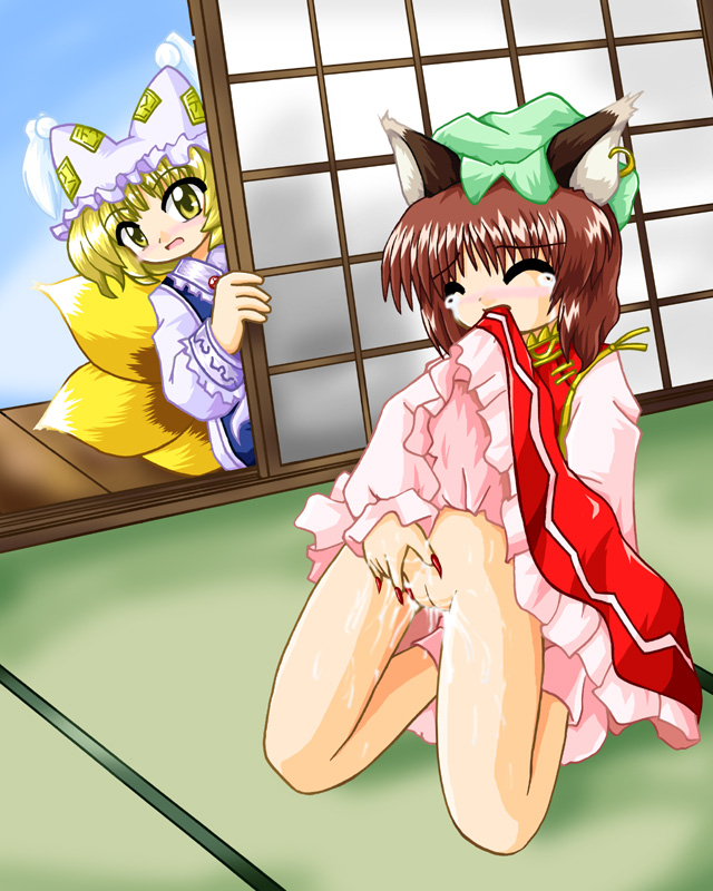 chen, yakumo ran, touhou, artist request, animal ears, blonde hair, blush, brown hair, cat ears, cat girl, claws, female focus, fox ears, loli, masturbation, no panties, wet, yellow eyes