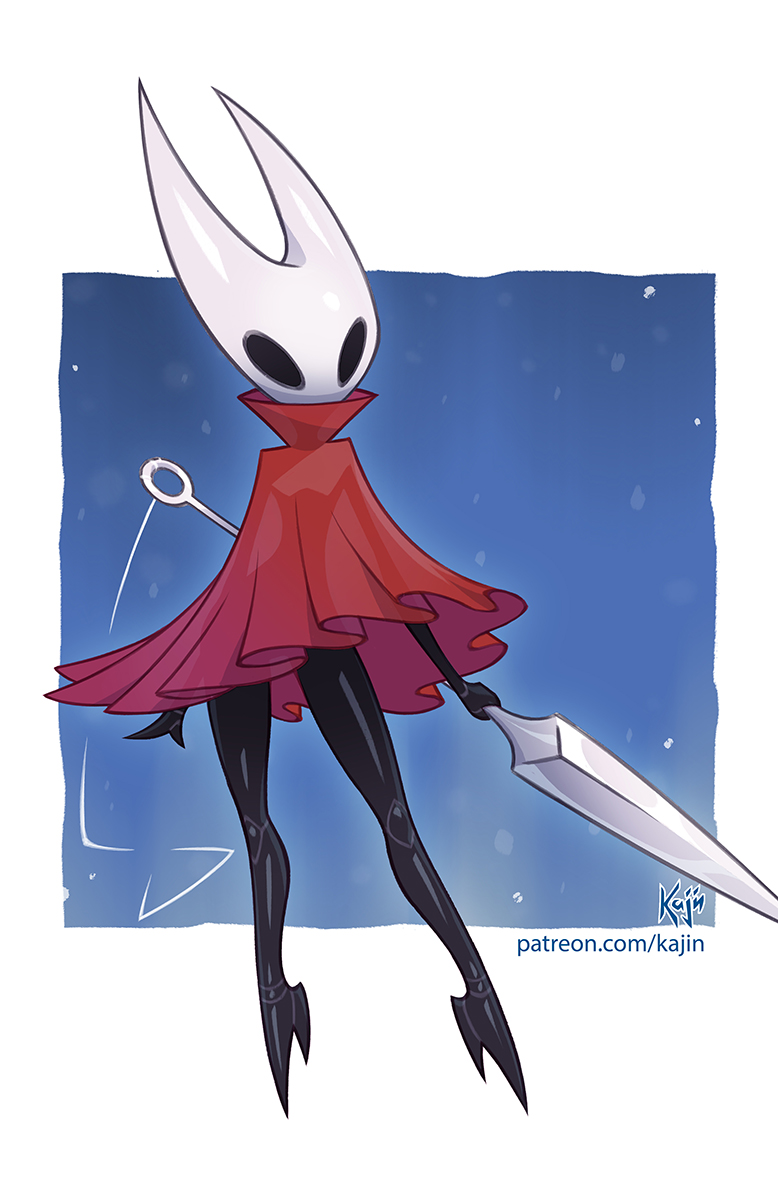 kajin (kajinman), hornet (hollow knight), hollow knight, hollow knight: silksong, commentary, english commentary, highres, large variant set, paid reward available, variant set, 1girl, arthropod girl, black eyes, black skin, blue background, border, cloak, colored skin, full body, holding, holding behind back, holding weapon, holding weapon behind back, horned mask, mask, needle (hollow knight), outside border, patreon username, red cloak, see-through silhouette, signature, solo, standing, watermark, weapon, web address, white border