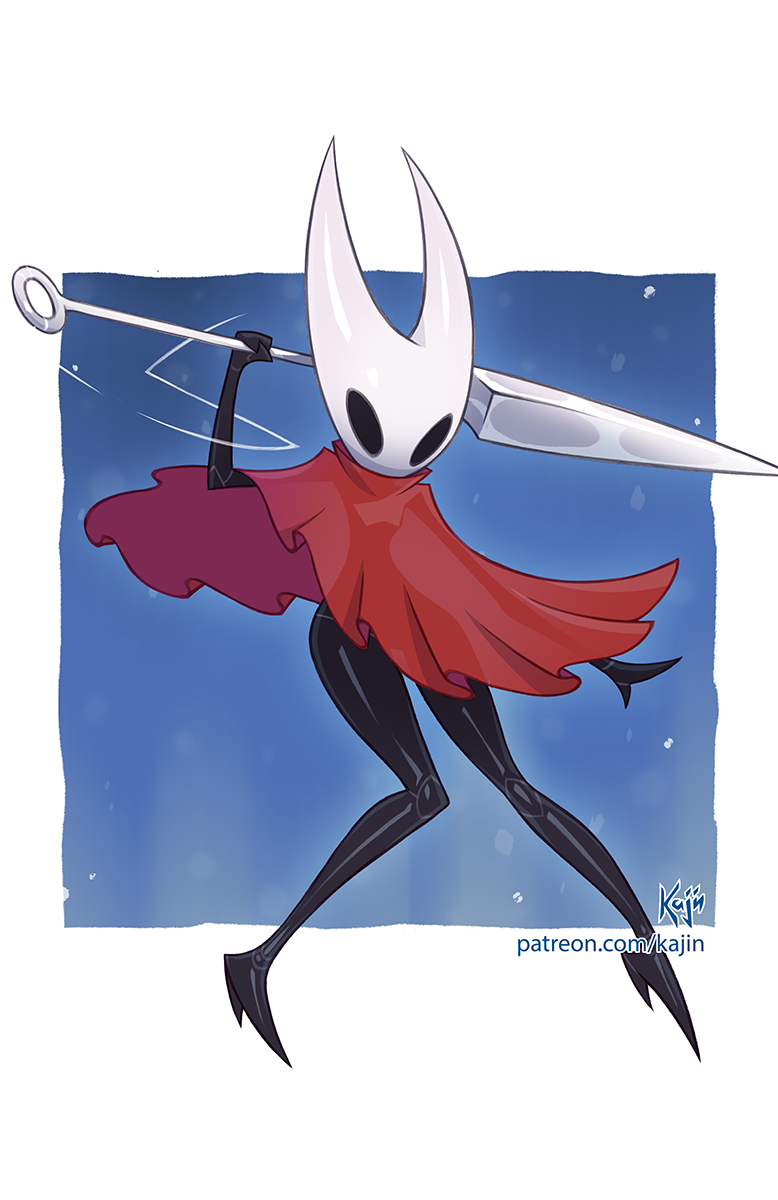 kajin (kajinman), hornet (hollow knight), hollow knight, hollow knight: silksong, commentary, english commentary, highres, large variant set, paid reward available, variant set, 1girl, arthropod girl, black eyes, black skin, blue background, border, cloak, colored skin, full body, holding, holding weapon, horned mask, mask, needle (hollow knight), outside border, outstretched arms, patreon username, red cloak, see-through silhouette, signature, solo, standing, watermark, weapon, web address, white border