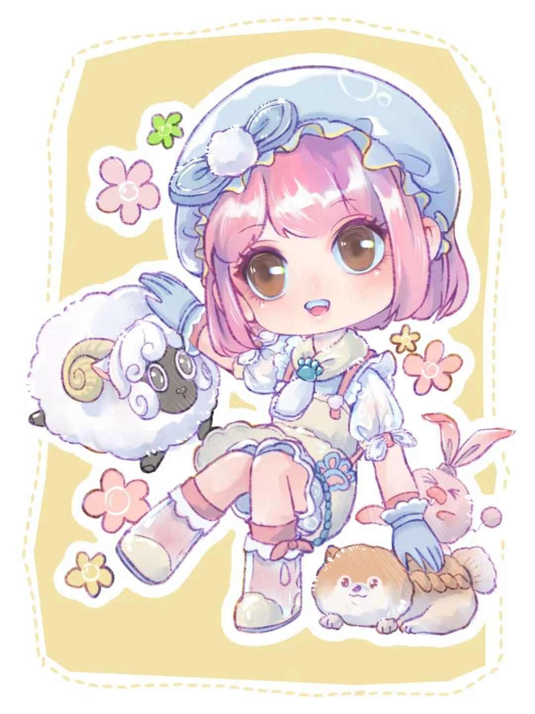 blushbunny, bye-bye dust (infinity nikki), floof (infinity nikki), infinity nikki, nikki (series), chinese commentary, commentary request, commission, highres, > <, 1girl, animal, anklet, apron, ascot, blue bow, blue gloves, blue hat, blue shirt, blue shorts, boots, border, bow, brooch, brown eyes, bubble print, chibi, collared shirt, dog, dotted line, eyelashes, eyeshadow, flower, frilled gloves, frilled headwear, frills, gloves, green flower, happy, hat, hat bow, jewelry, light blush, looking ahead, makeup, mob cap, open mouth, outline, paw print, petting, pink eyeshadow, pink flower, pink hair, pink socks, pocket, pom pom hat ornament, puffy short sleeves, puffy sleeves, rabbit, see-through clothes, see-through footwear, see-through sleeves, sheep, shiba inu, shirt, short hair, short sleeves, shorts, sleeve bow, smile, socks, tareme, teeth, upper teeth only, white ascot, white boots, white border, white outline, xiaoya zie, yellow apron, yellow background, yellow flower
