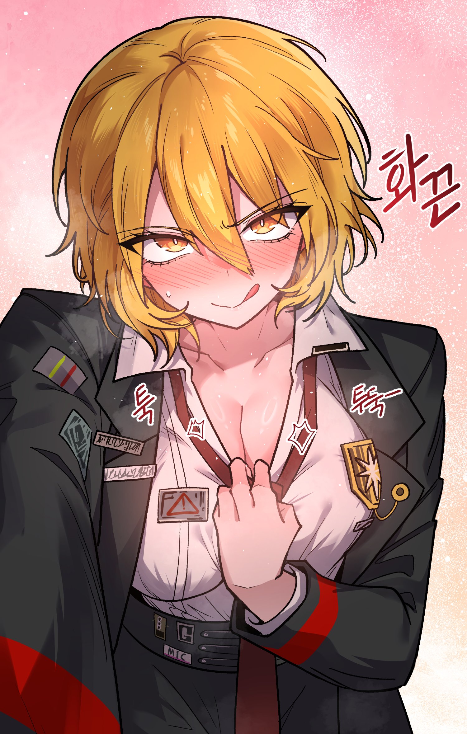 layer (layer illust), don quixote (project moon), limbus company, project moon, highres, 1girl, black coat, black pants, blonde hair, blush, breasts, cleavage, coat, collared shirt, full-face blush, large breasts, long sleeves, looking at viewer, necktie, pants, pink background, pulling own clothes, red necktie, shirt, short hair, simple background, solo, tongue, tongue out, upper body, white shirt, yellow eyes