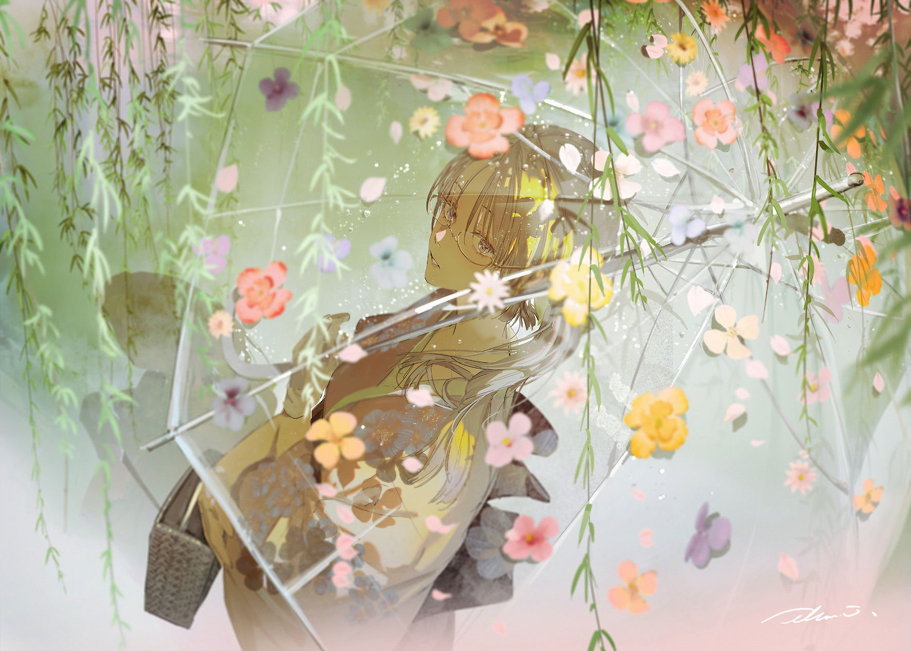 illumi999, original, highres, 1girl, bag, brown hair, floral print, flower, glasses, gloves, holding, holding umbrella, japanese clothes, kimono, long hair, looking at viewer, parted bangs, parted lips, petals, pink flower, plant, print kimono, purple eyes, rain, solo, transparent, transparent umbrella, umbrella, white gloves, yellow flower