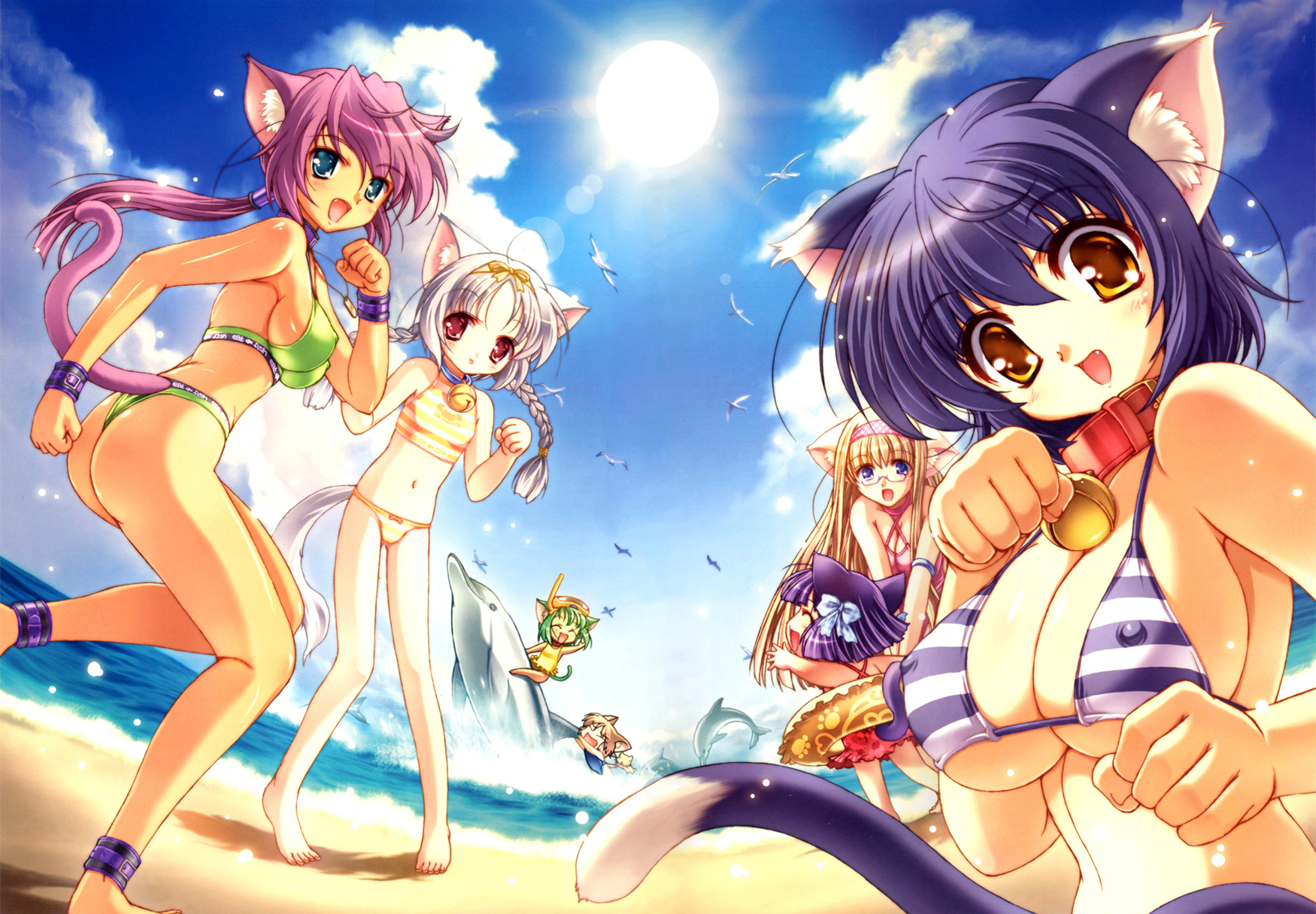 ishida hiroyuki, megami magazine, light brown hair, silver hair, tail biting, highres, scan, 6+girls, :d, :o, :p, ^ ^, age difference, ahoge, animal ears, ankle cuffs, anklet, armlet, armpits, ass, barefoot, beach, bell, bikini, bird, biting, blonde hair, blue bikini, blue eyes, blue hair, blue one-piece swimsuit, blush, bow, braid, breasts, brown hair, casual one-piece swimsuit, cat, cat ears, cat tail, chibi, cleavage, clenched hands, closed eyes, cloud, collar, covered erect nipples, criss-cross halter, cuffs, day, dog tags, dolphin, fang, feet, flat chest, glasses, green bikini, green eyes, green hair, hair bow, hairband, halterneck, happy, headband, innertube, jewelry, jingle bell, large breasts, leg lift, legs, lens flare, loli, long hair, looking at viewer, looking back, low ponytail, multiple girls, navel, neck bell, necklace, ocean, one-piece swimsuit, open mouth, orange bikini, orange eyes, outdoors, parted bangs, paw pose, paw print, pink eyes, pink hair, pink one-piece swimsuit, plait, polka dot, ponytail, purple eyes, purple hair, red eyes, red one-piece swimsuit, riding, running, seagull, shadow, short hair, sideboob, sky, small breasts, smile, sports bikini, standing, striped bikini, striped clothes, sun, swim ring, swimsuit, tail, tankini, thong, thong bikini, tongue, tongue out, twin braids, twintails, underboob, very long hair, water, wrist cuffs, yellow eyes, yellow one-piece swimsuit