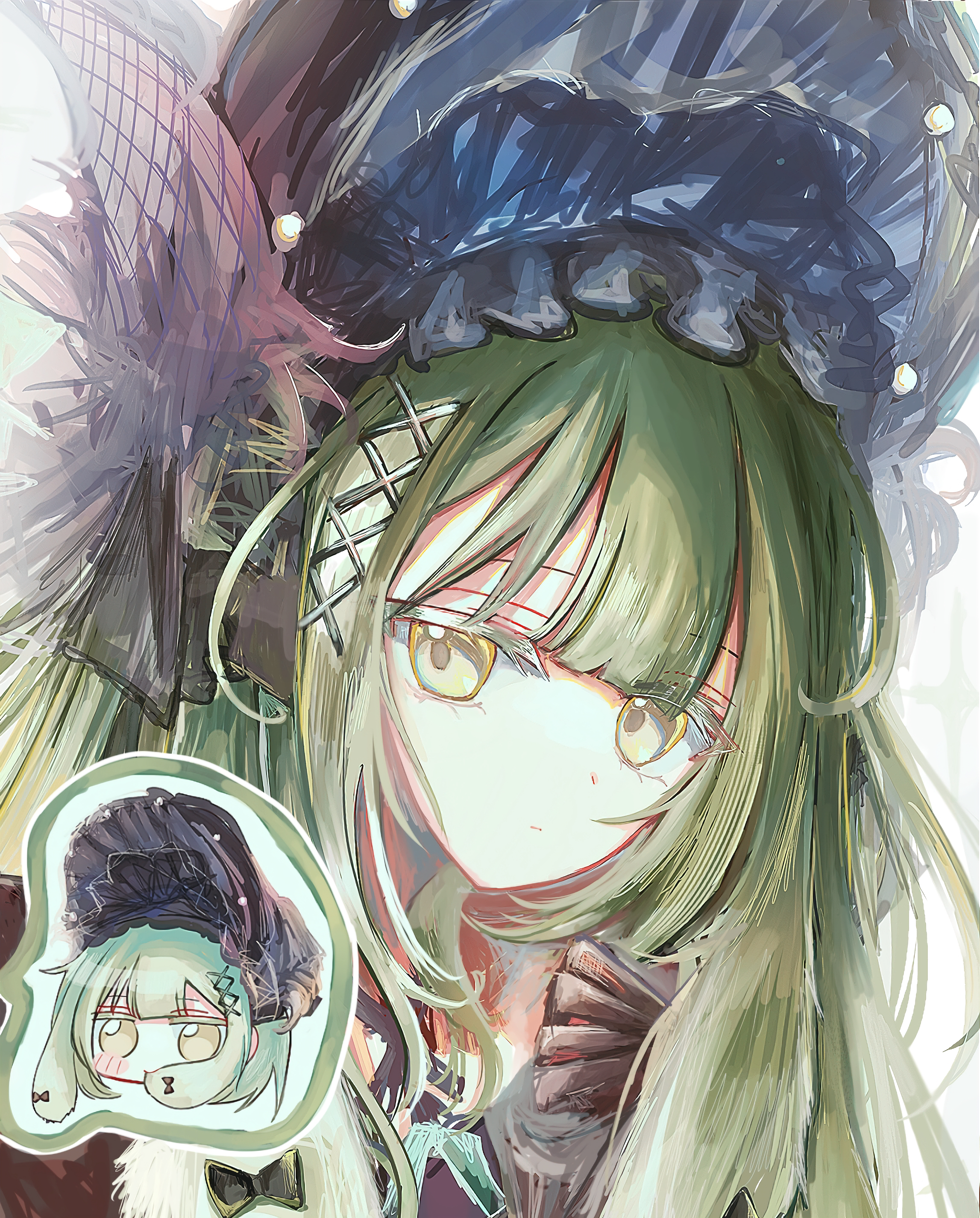 wakaba mutsumi, arknights, bang dream!, bang dream! it's mygo!!!!!, absurdres, commentary, highres, 1girl, animal ears, black bow, bow, chibi, chibi inset, closed mouth, green hair, long hair, rabbit ears, rabbit girl, se 936, simple background, upper body, wakaba mutsumi (marionette's id), white background, yellow eyes