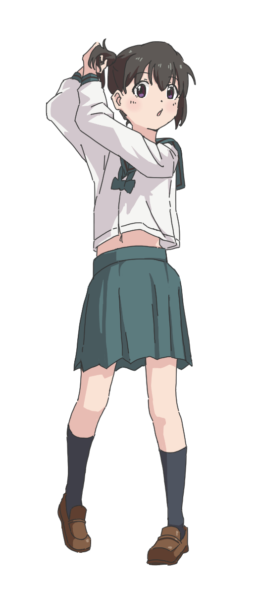 kuraue hinata, yama no susume, 1girl, black hair, black socks, clothes lift, dot nose, female focus, full body, green sailor collar, green skirt, long sleeves, looking at viewer, navel, open mouth, purple eyes, ribbon, sailor collar, school uniform, serafuku, shirt, shirt lift, shoes, simple background, skirt, socks, solo, standing, white background, white shirt