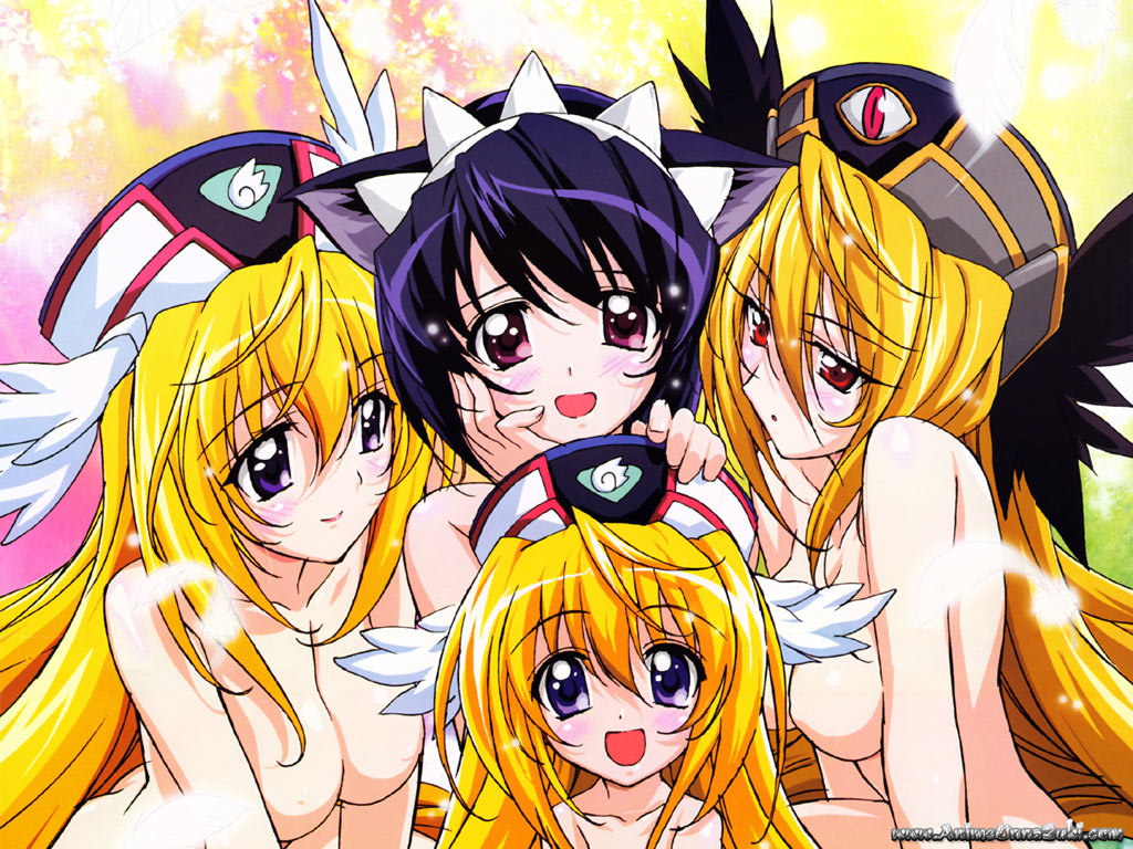 kurashima tomoyasu, sanada, valkyrie ghost, ufo princess valkyrie, official art, 00s, 4girls, animal ears, bare shoulders, barefoot, blonde hair, blue eyes, blue hair, blush, breasts, cat ears, cat girl, dark persona, feet, female focus, flat chest, hat, headdress, kneeling, loli, long hair, maid, multiple girls, nipples, no panties, nude, open mouth, purple eyes, purple hair, red eyes, short hair, sitting, soles, toes, valkyrie, very long hair, wings, yuri