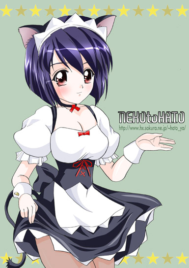 sanada, ufo princess valkyrie, 00s, animal ears, blue hair, blush, bow, cat ears, collar, dress, maid, purple hair, red eyes, short hair