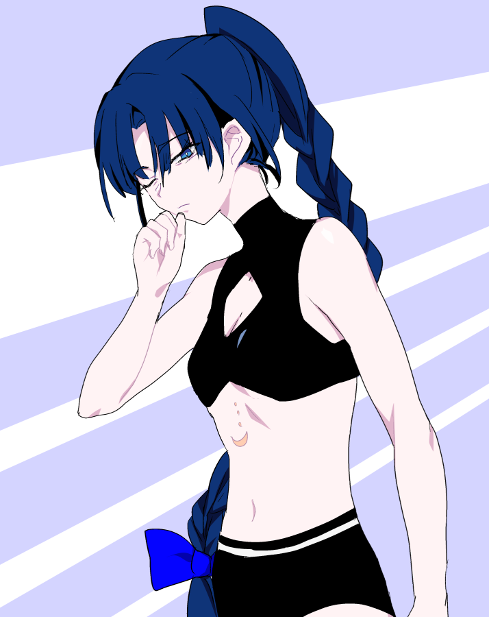 ohiyaglass, naima (ado), ado (utaite), usseewa, commentary, symbol-only commentary, 1girl, bikini, black bikini, blue eyes, blue hair, braid, breasts, long hair, navel, one eye closed, single braid, small breasts, solo, stomach, swimsuit