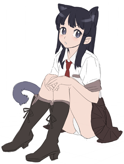 nishieda, 1girl, animal ears, black hair, blonde hair, blue eyes, blush, boots, cat ears, cat tail, female focus, full body, hands on own knees, high heel boots, high heels, knee boots, long hair, necktie, own hands together, panties, pantyshot, parted lips, school uniform, serafuku, shirt, simple background, sitting, skirt, solo, tail, underwear, white background, white panties, white shirt