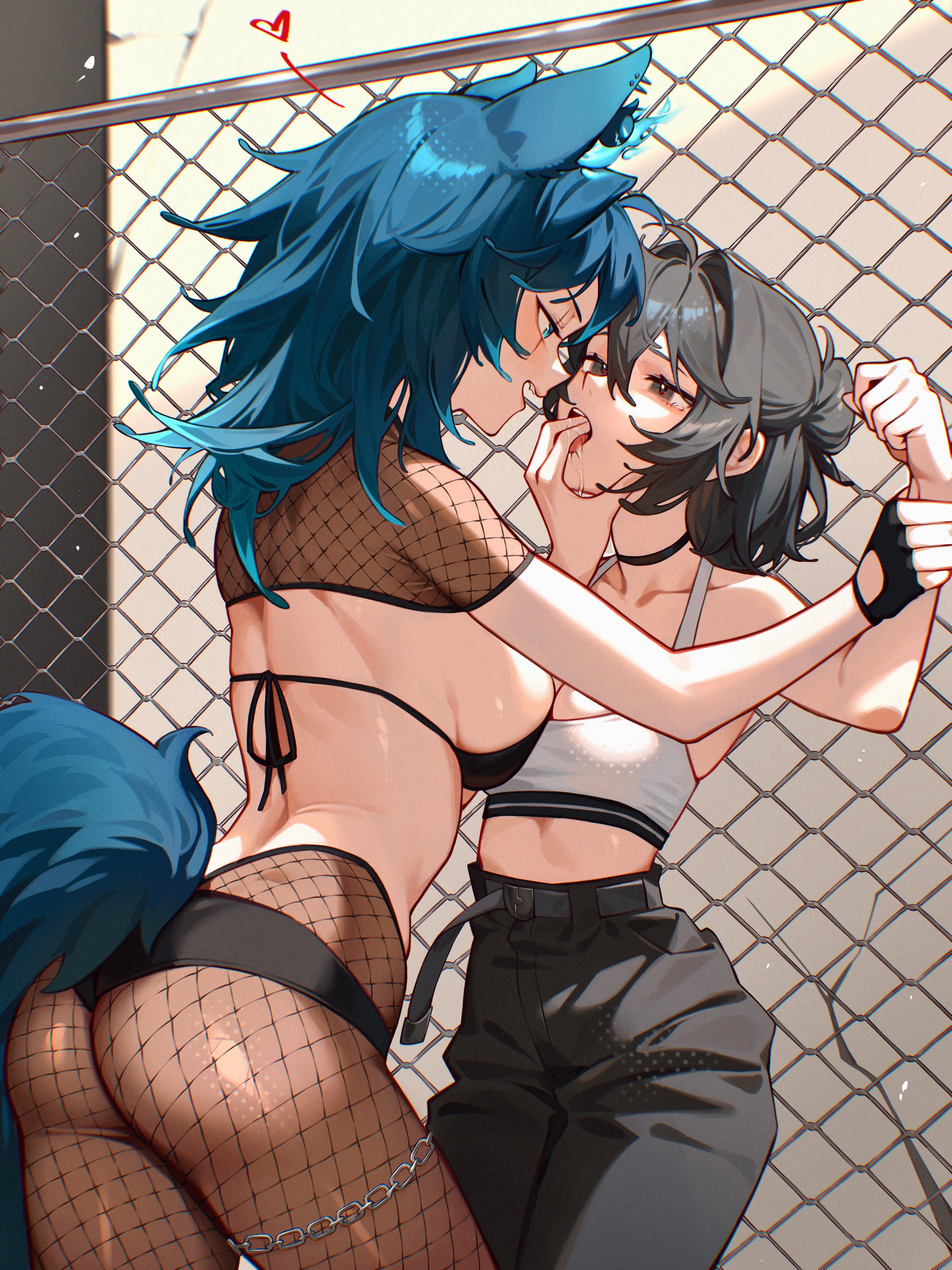 chui art, lucia (scott malin), spite (vtuber), indie virtual youtuber, absurdres, commentary, english commentary, highres, second-party source, 2girls, animal ear piercing, animal ears, ass, assertive female, belt, black belt, black choker, black eyes, black gloves, black hair, black panties, black pants, blue eyes, blue hair, breasts, chain, chain-link fence, choker, cowboy shot, eye contact, fence, finger to another's mouth, fingerless gloves, fishnet pantyhose, fishnet top, fishnets, flaming ears, gloves, heart, height difference, high-waist pantyhose, holding another's wrist, large breasts, long hair, looking at another, medium hair, midriff, multiple girls, open mouth, panties, pants, pantyhose, saliva, scar, scar across eye, scar on face, sports bra, standing, tail, tearing up, underwear, virtual youtuber, white sports bra, wolf ears, wolf girl, wolf tail, yuri